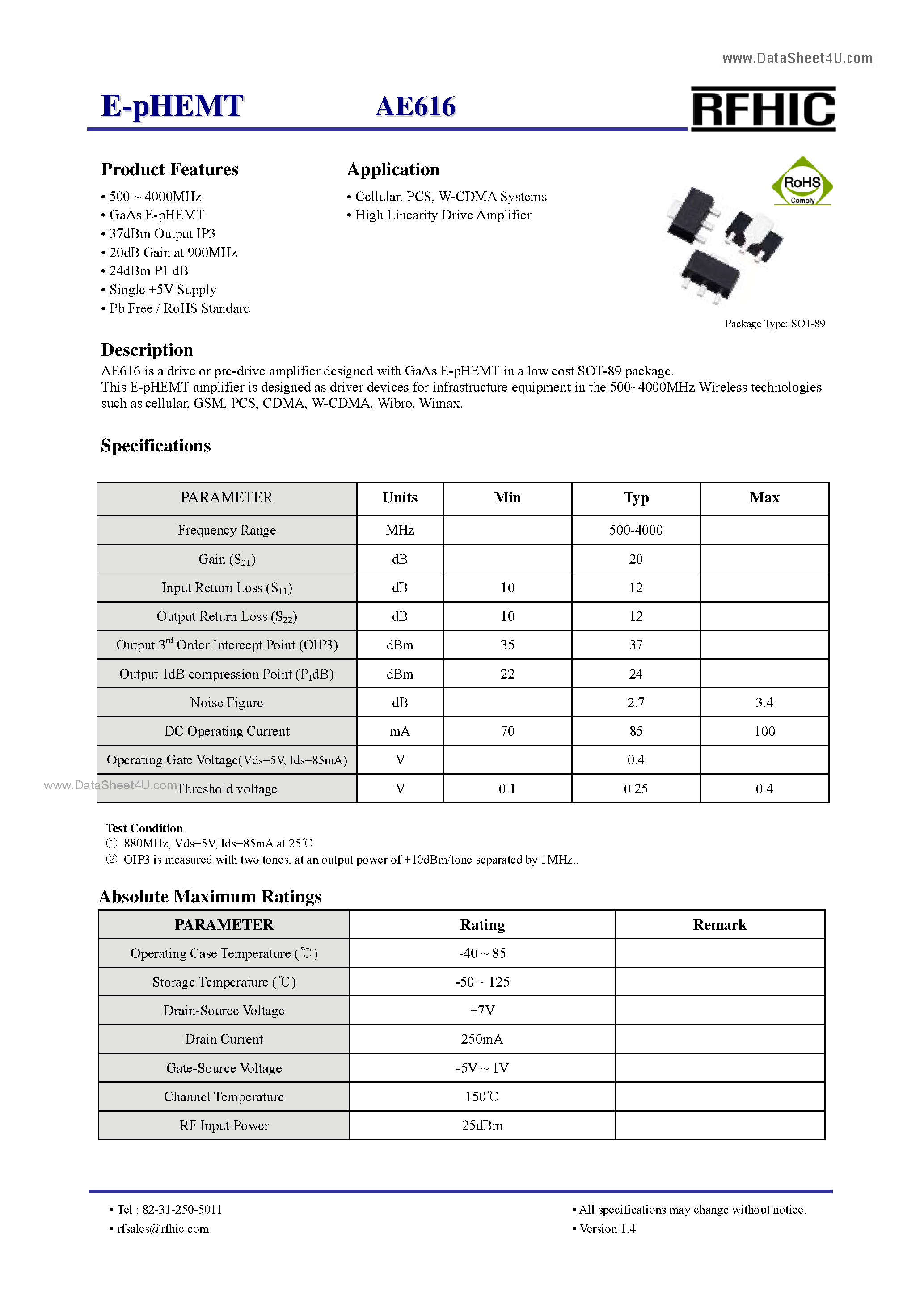 Datasheet AE616 - E-pHEMT page 1