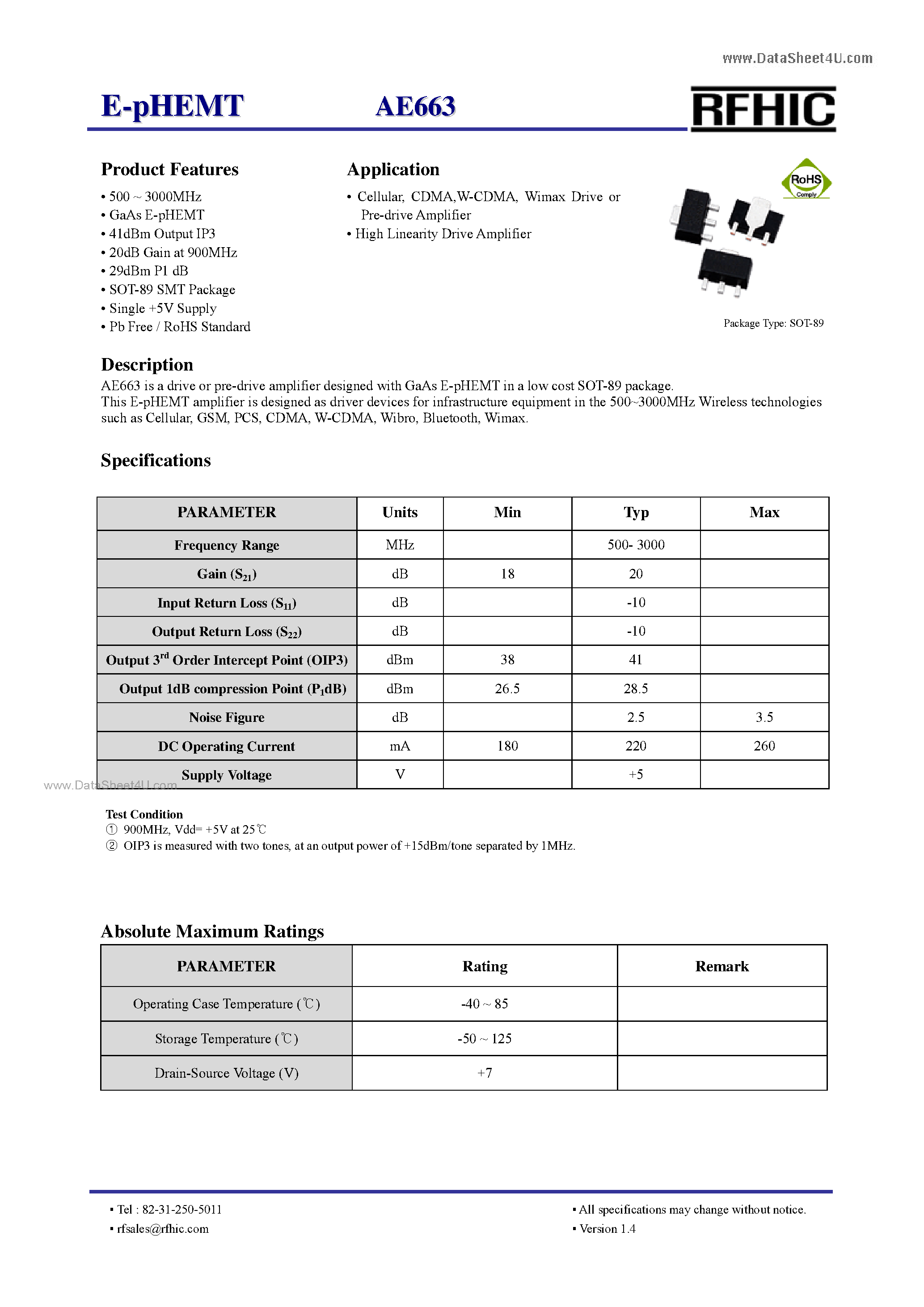 Datasheet AE663 - E-pHEMT page 1