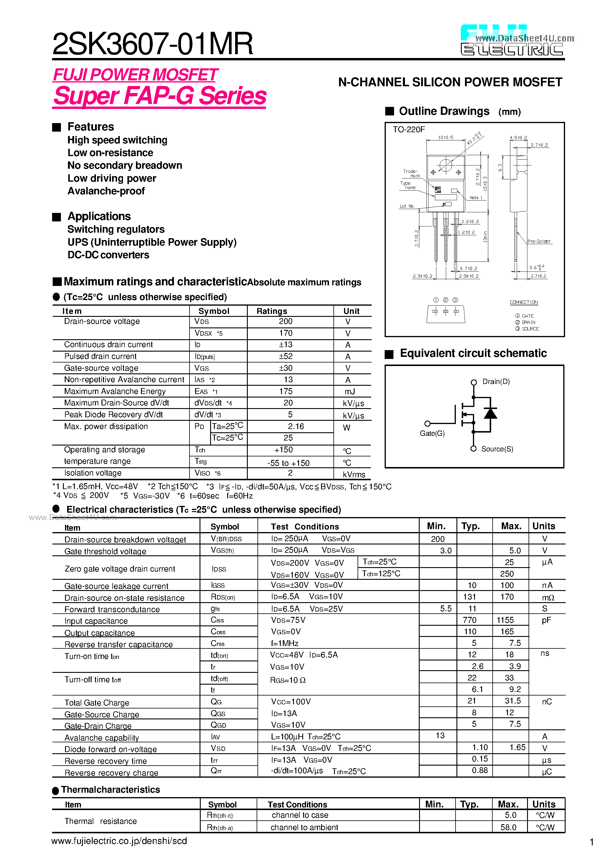 Даташит K3607-01MR - Search -----> 2SK3607-01MR страница 1