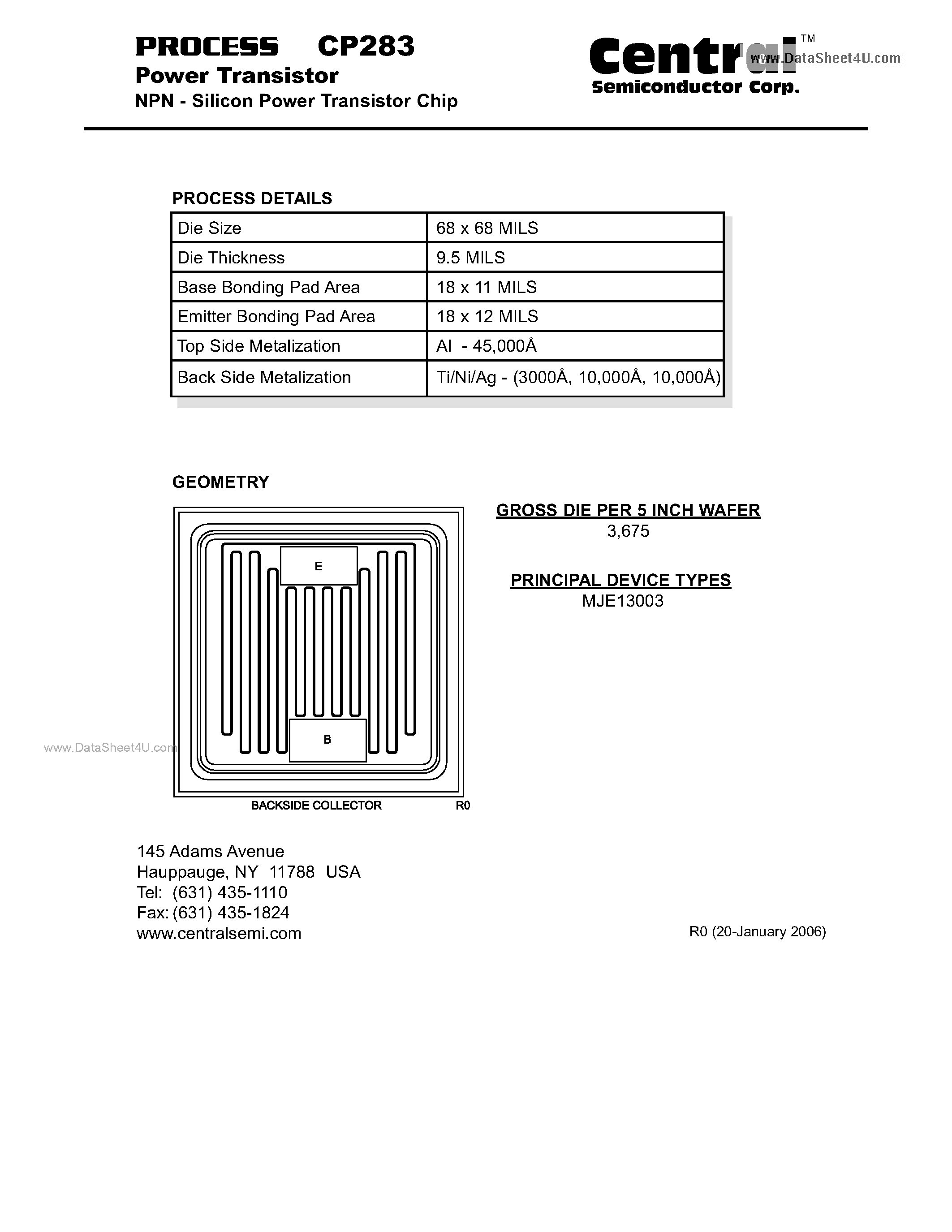 Datasheet CP283 - Power Transistor NPN - Silicon Power Transistor Chip page 1