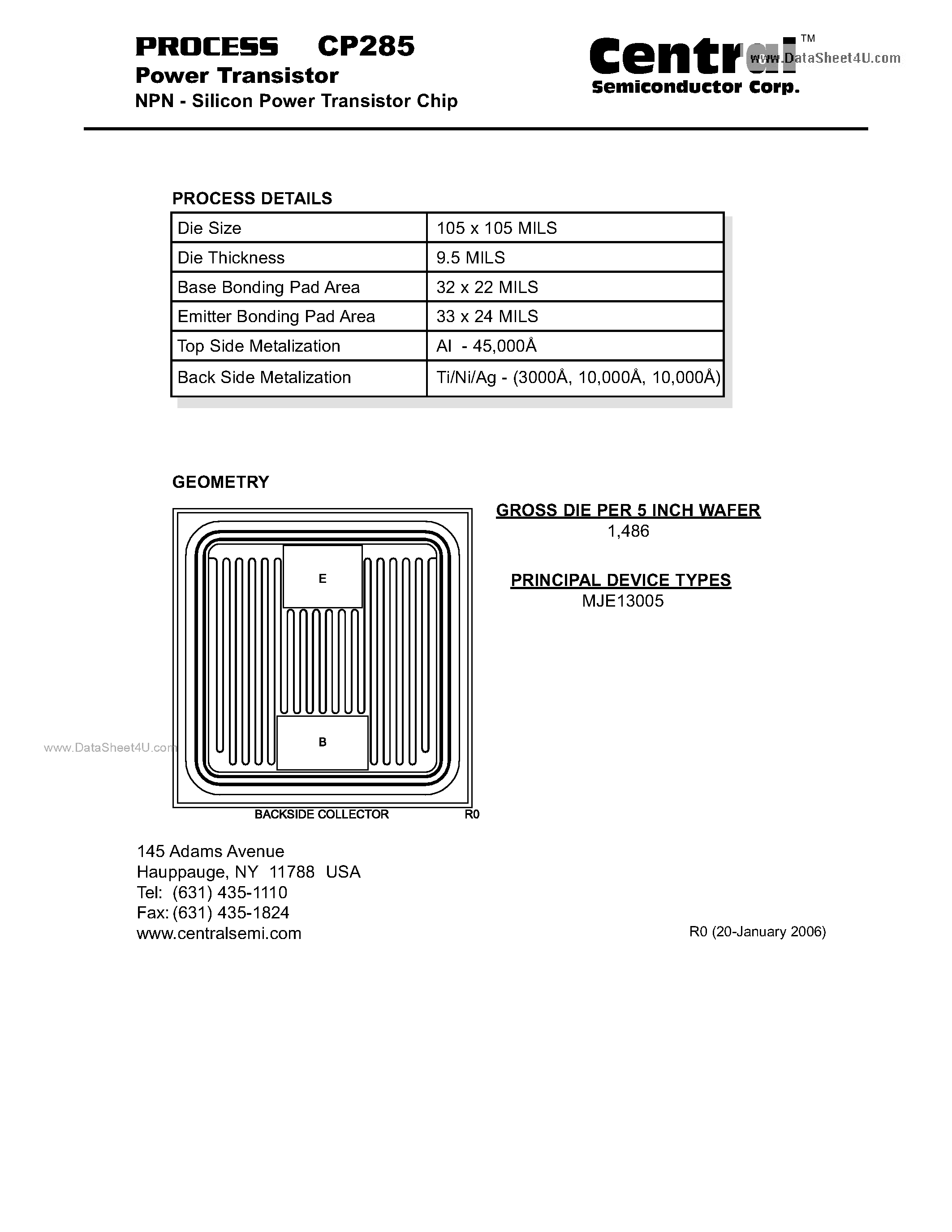 Datasheet CP285 - Power Transistor 4.0 Amp NPN Silicon Power Transistor Chip page 1