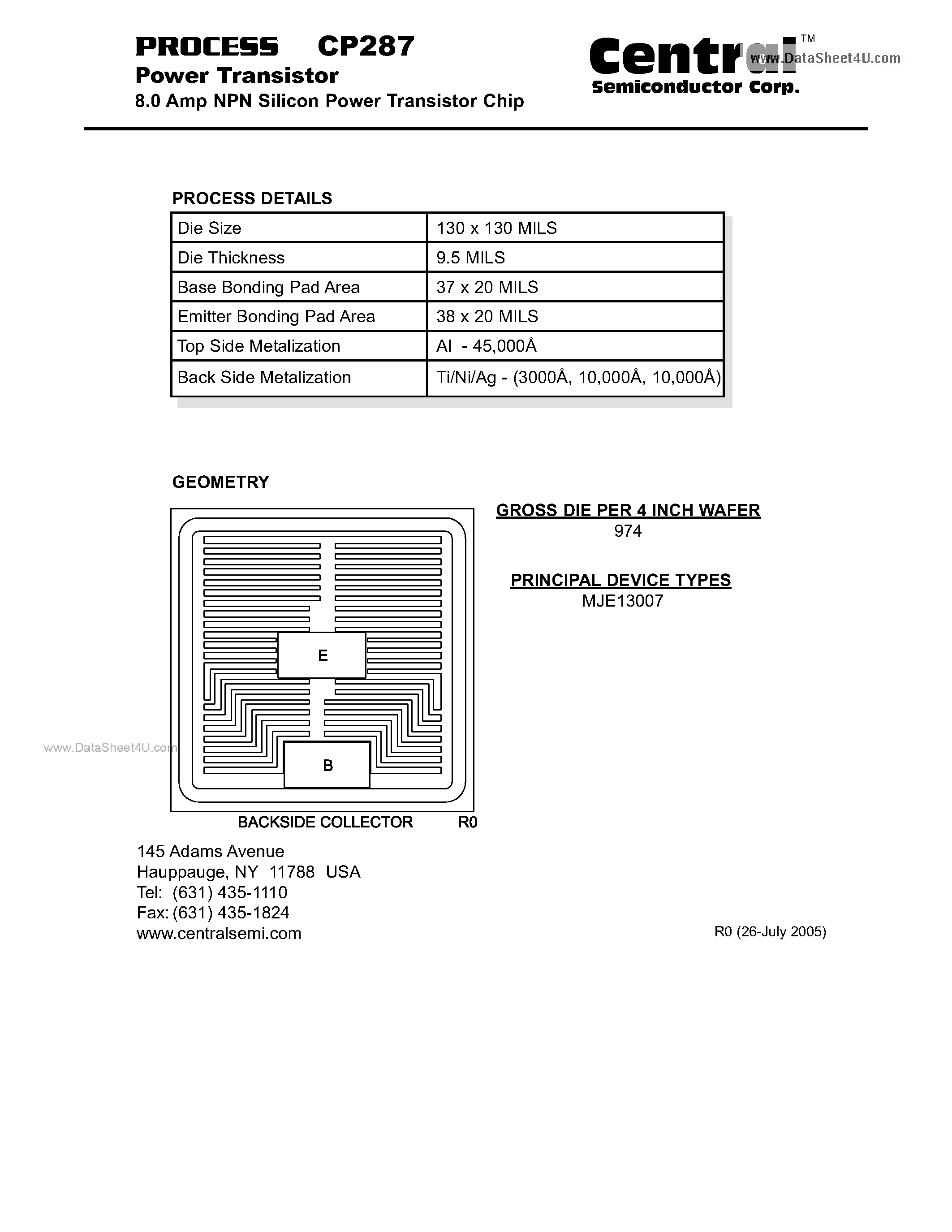 Datasheet CP287 - Power Transistor 8.0 Amp NPN Silicon Power Transistor Chip page 1