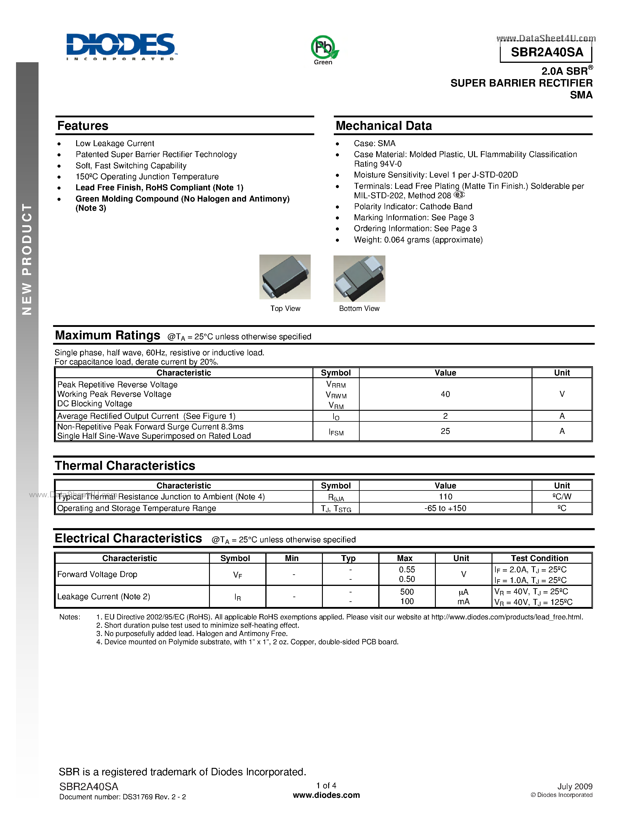 Даташит SBR2A40SA - 2.0A SBR SUPER BARRIER RECTIFIER SMA страница 1