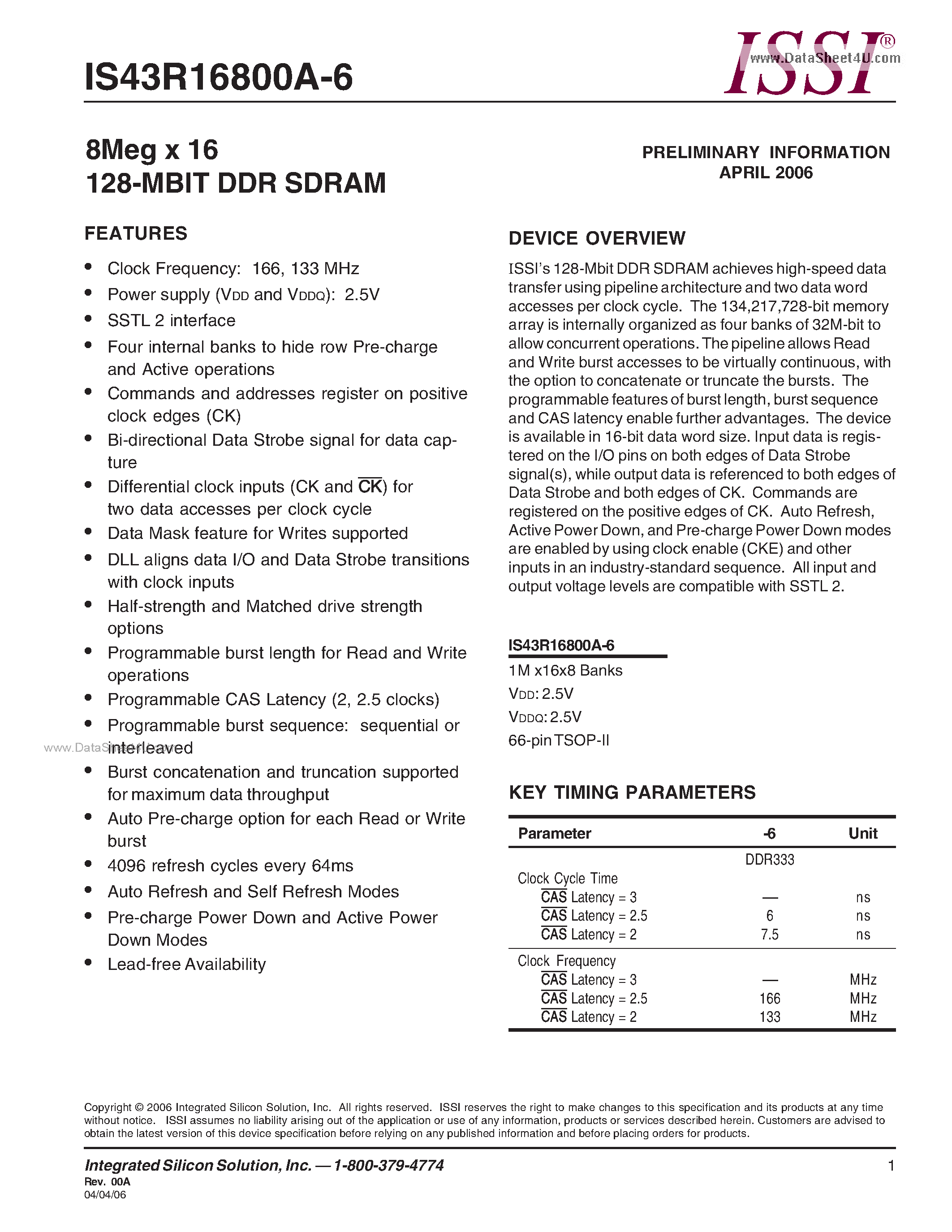 Даташит IS43R16800A-6 - 8Meg x 16 128-MBIT DDR SDRAM страница 1
