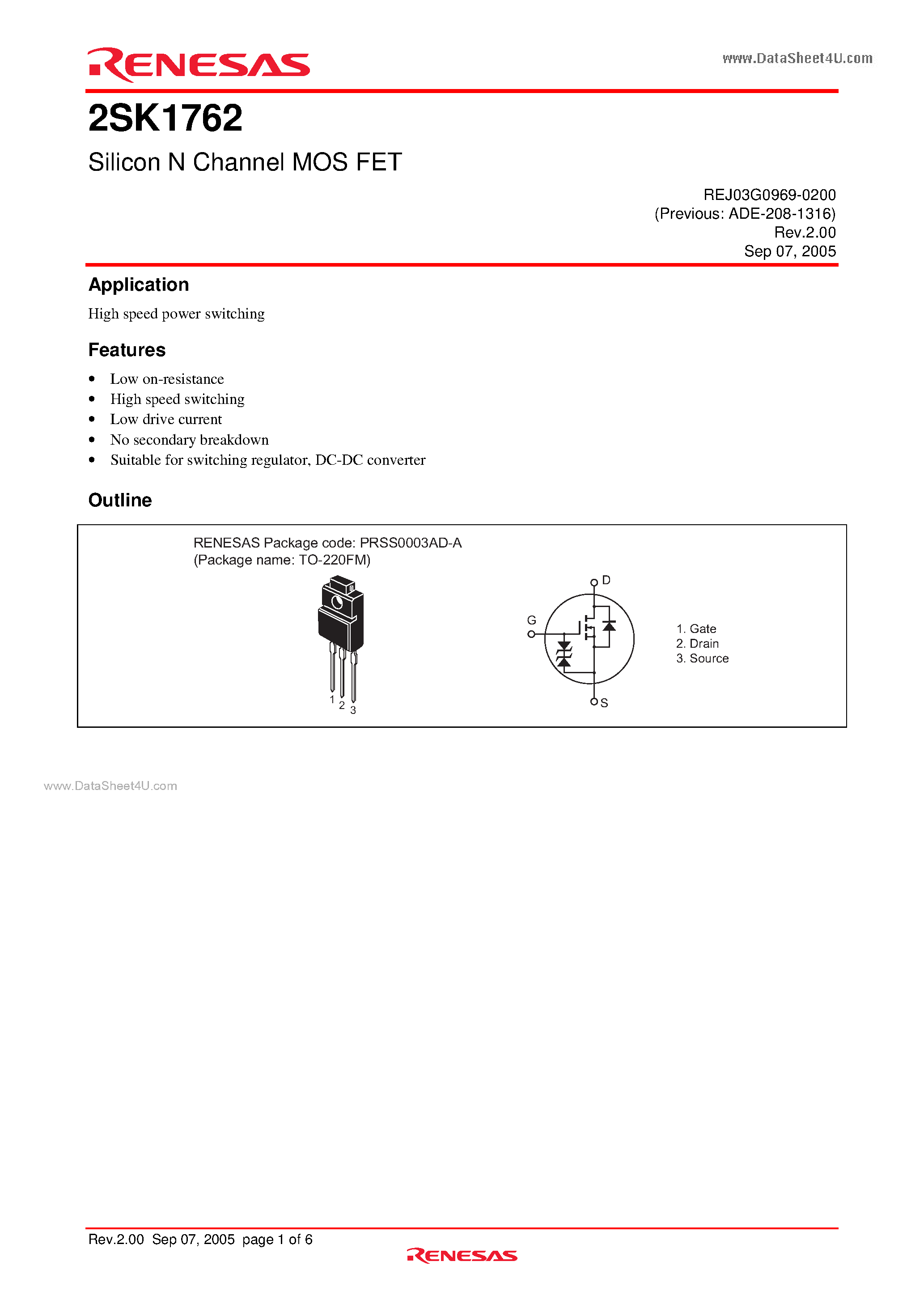 Datasheet 2SK1762 - Silicon N Channel MOS FET page 1