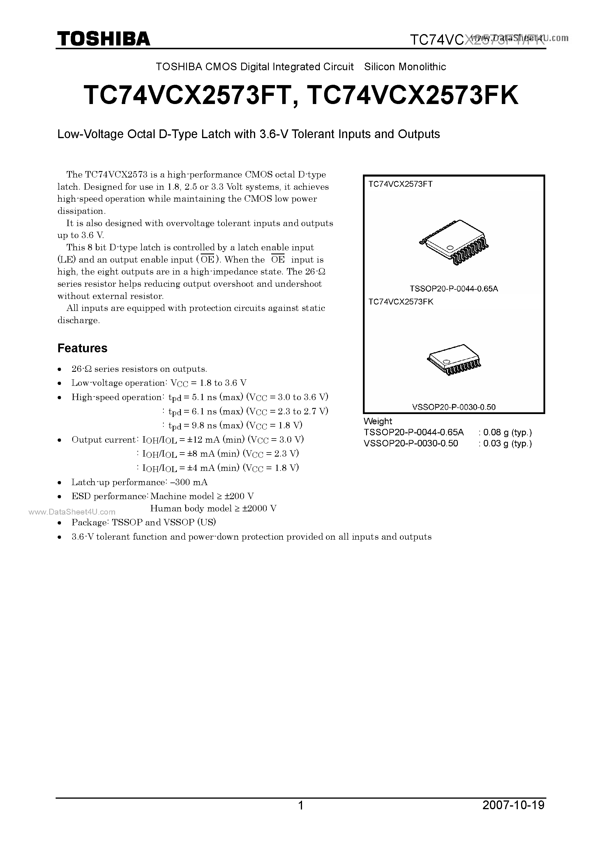 Datasheet TC74VCX2573FK - Low-Voltage Octal D-Type Latch page 1