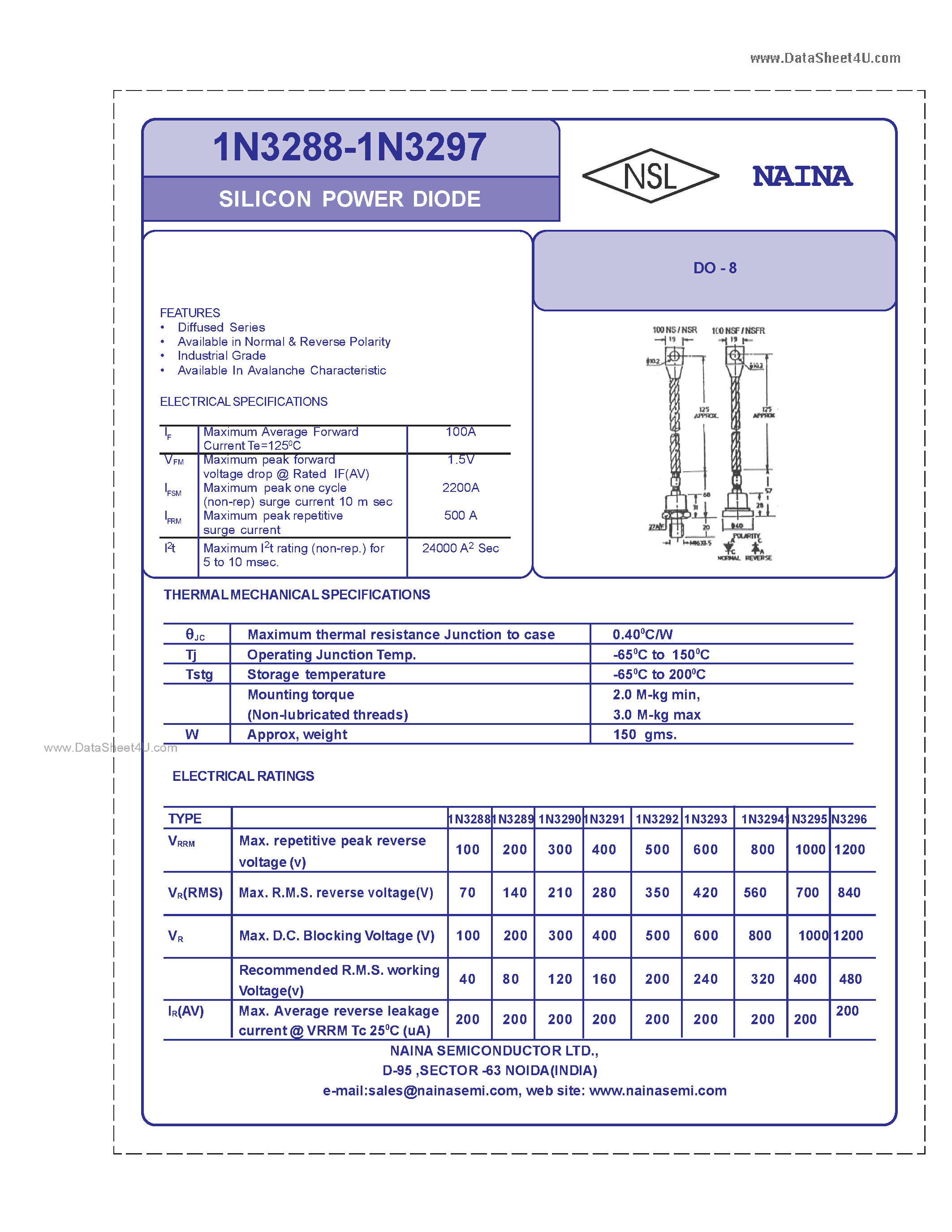 Datasheet 1N3288 - (1N3288 - 1N3297) SILICON POWER DIODE page 1