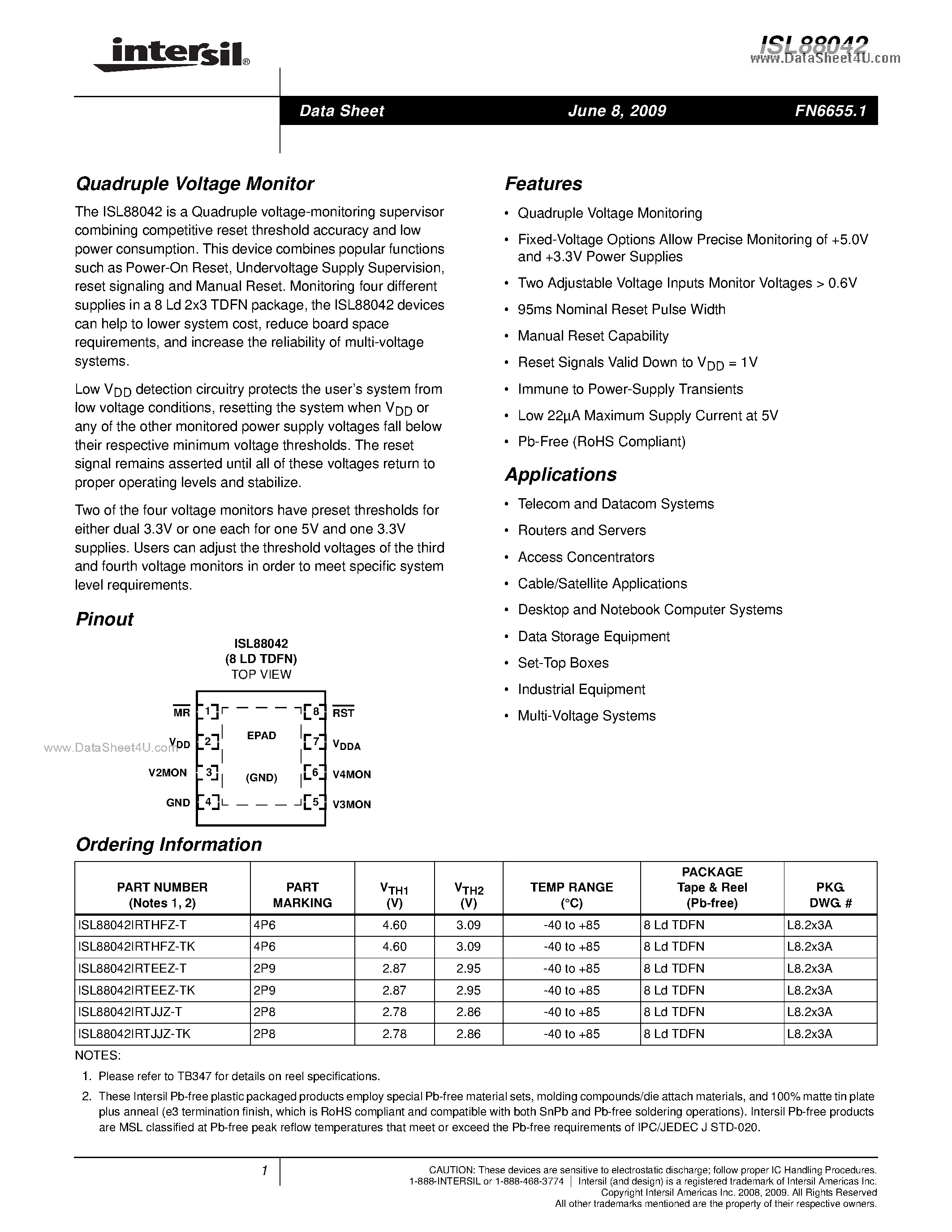 Datasheet ISL88042 - Quadruple Voltage Monitor page 1