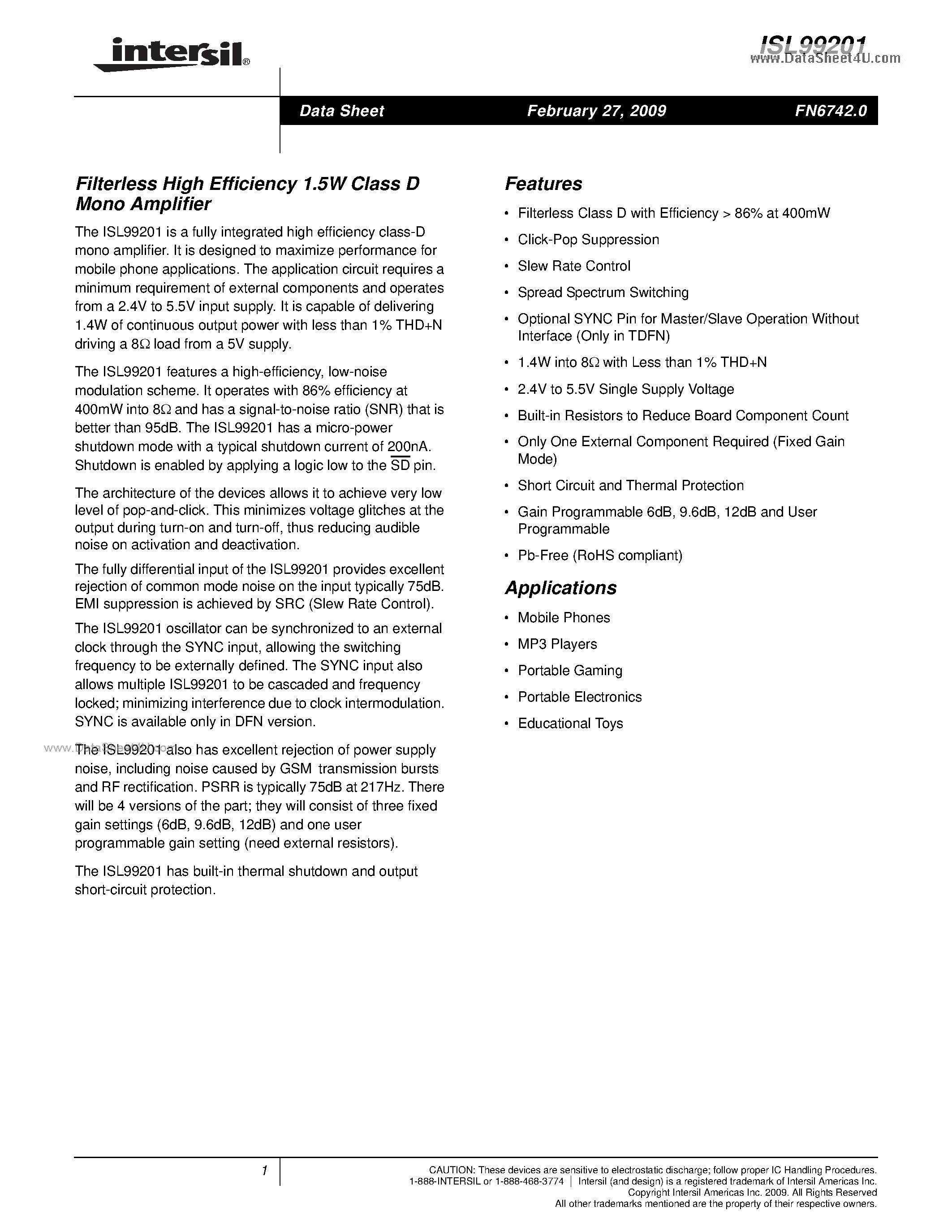 Datasheet ISL99201 - Filterless High Efficiency 1.5W Class D Mono Amplifier page 1