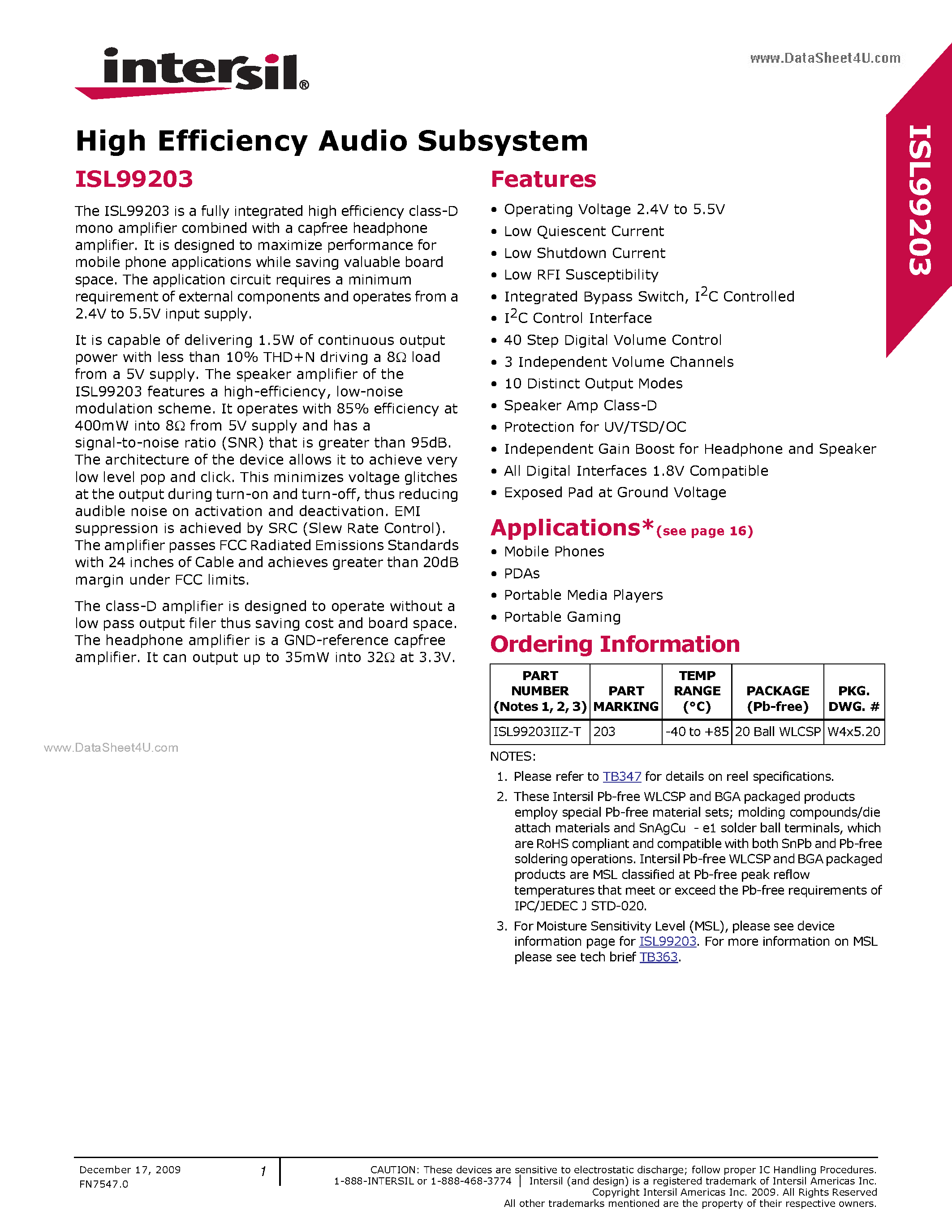 Datasheet ISL99203 - High Efficiency Audio Subsystem page 1