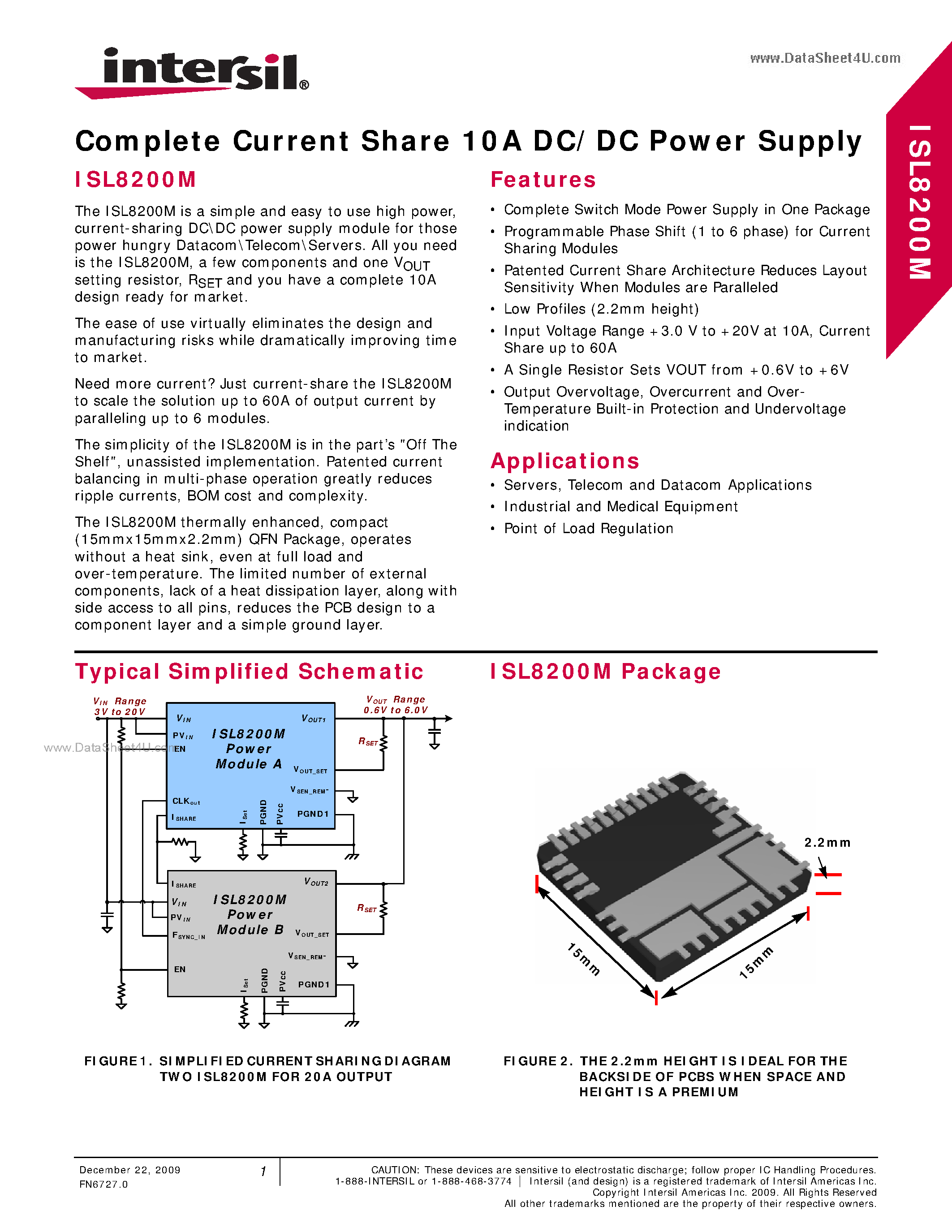 Datasheet ISL8200M - Complete Current Share 10A DC/DC Power Supply page 1