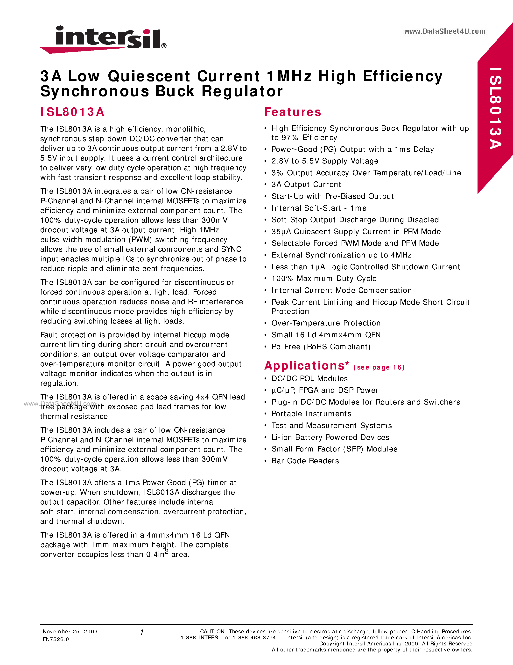 Datasheet ISL8013A - 3A Low Quiescent Current 1MHz High Efficiency Synchronous Buck Regulator page 1