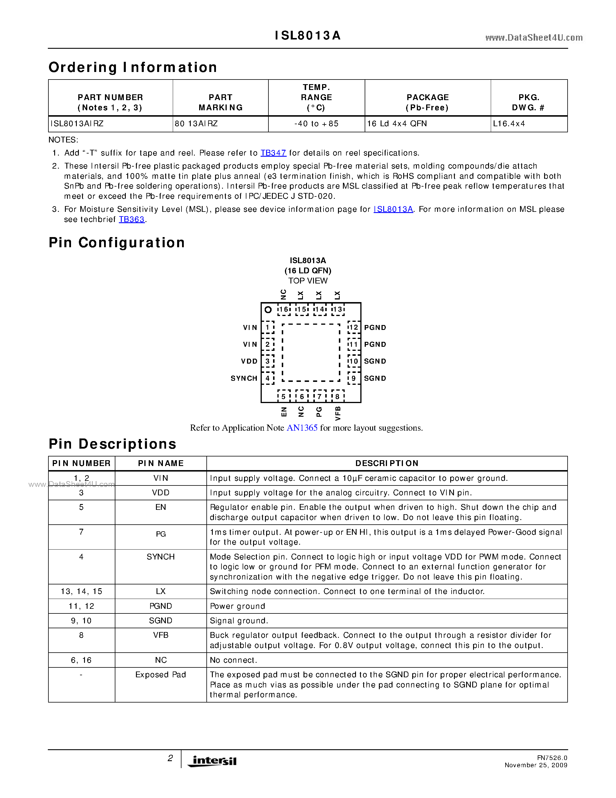 Datasheet ISL8013A - 3A Low Quiescent Current 1MHz High Efficiency Synchronous Buck Regulator page 2