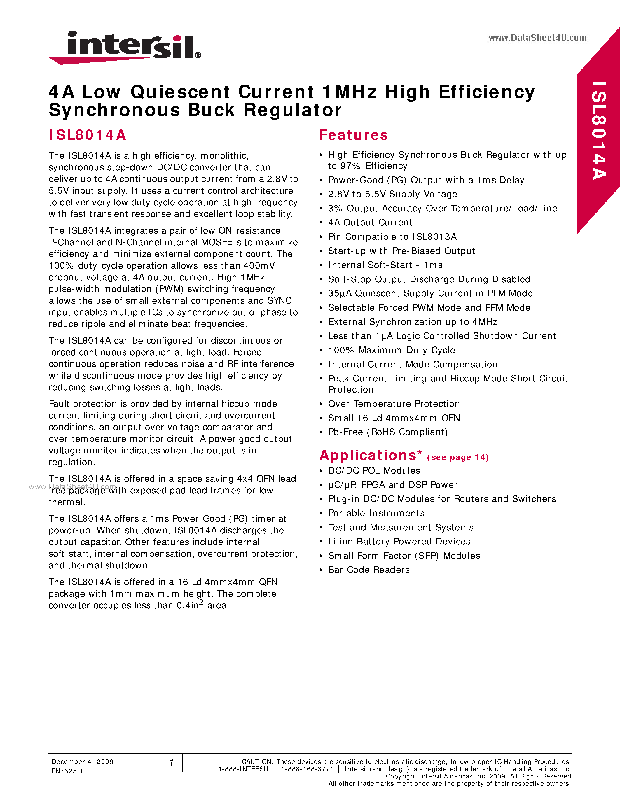 Datasheet ISL8014A - 4A Low Quiescent Current 1MHz High Efficiency Synchronous Buck Regulator page 1