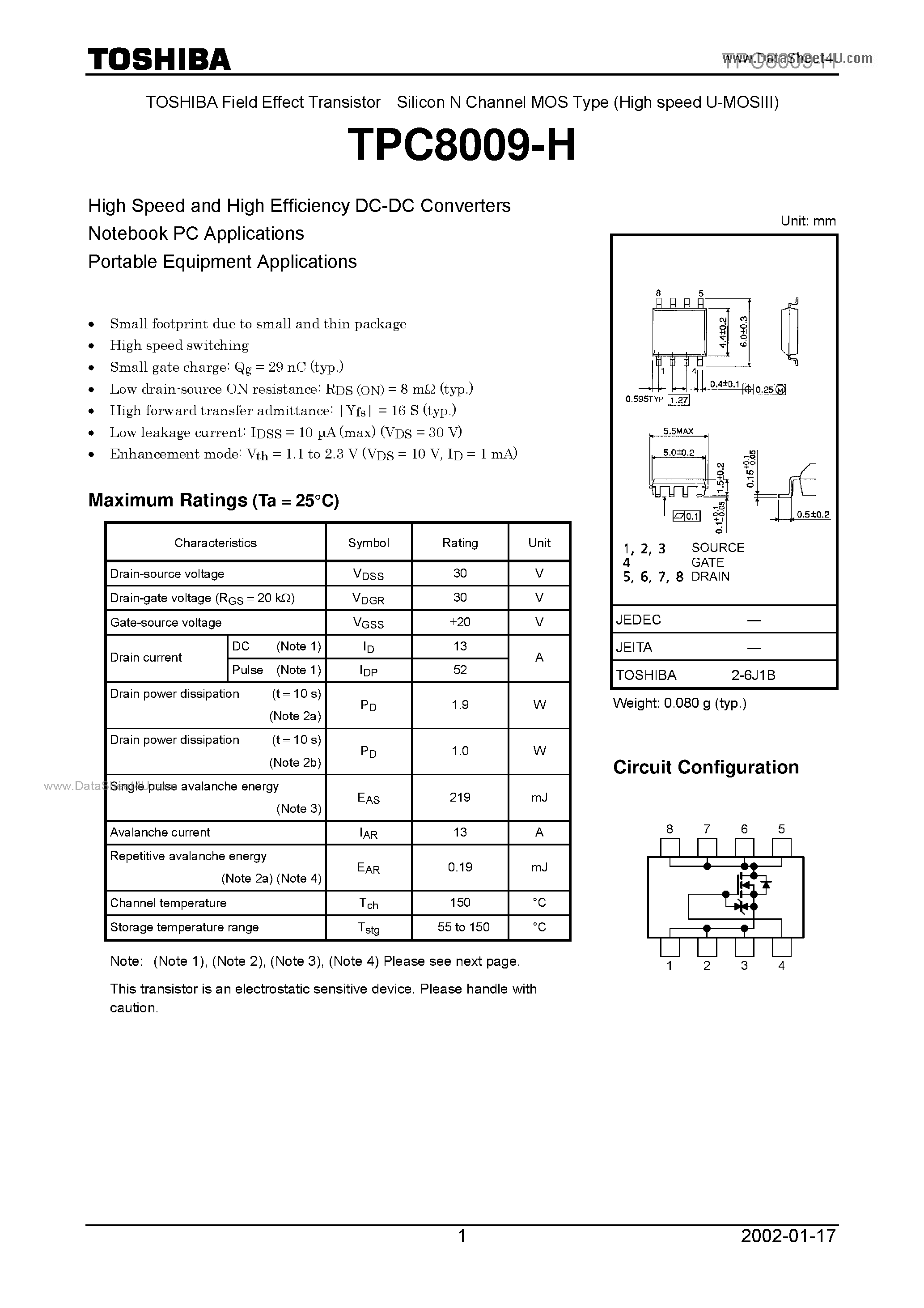 Даташит TPC8009-H - Field Effect Transistor страница 1