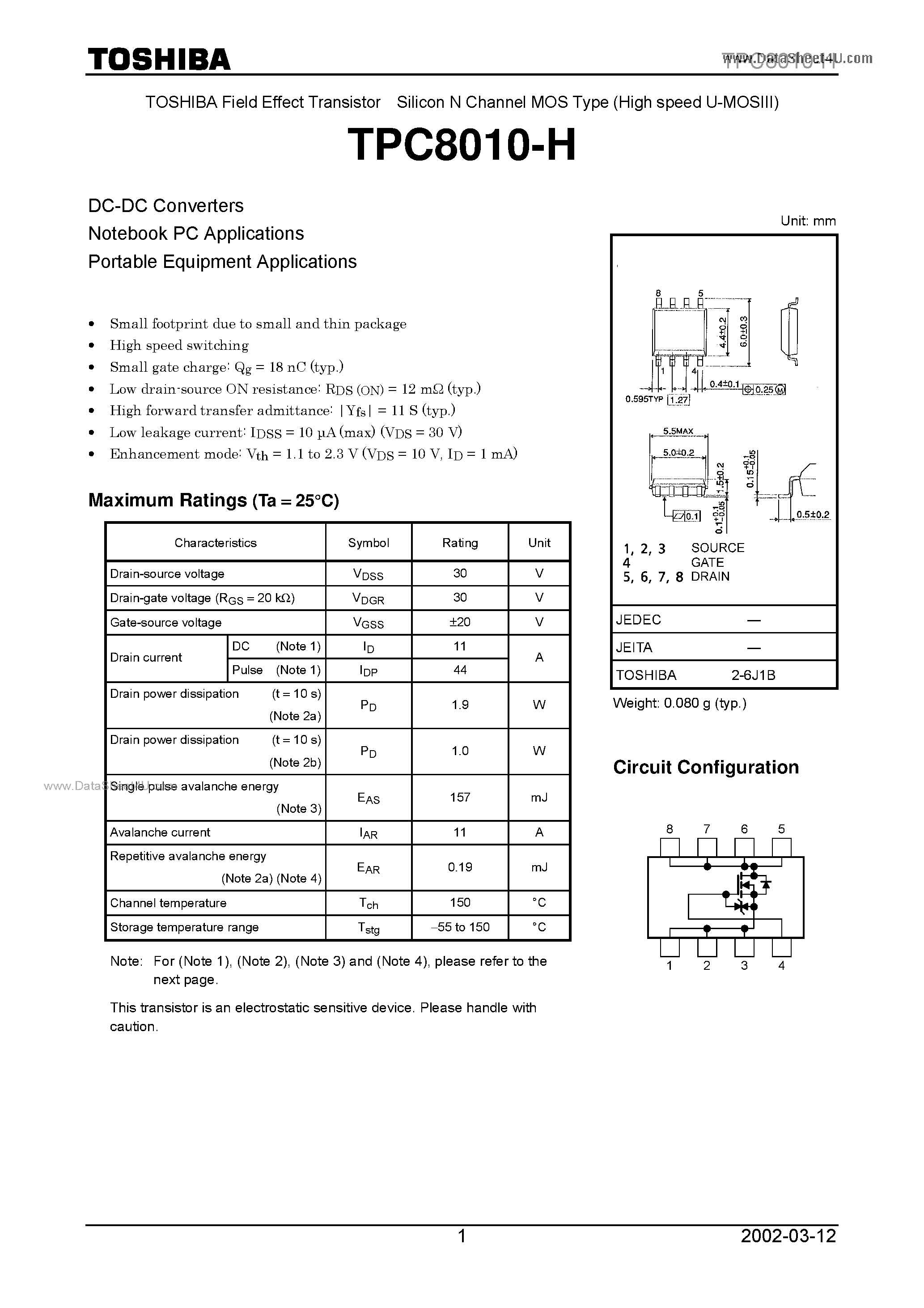 Даташит TPC8010-H - Field Effect Transistor страница 1