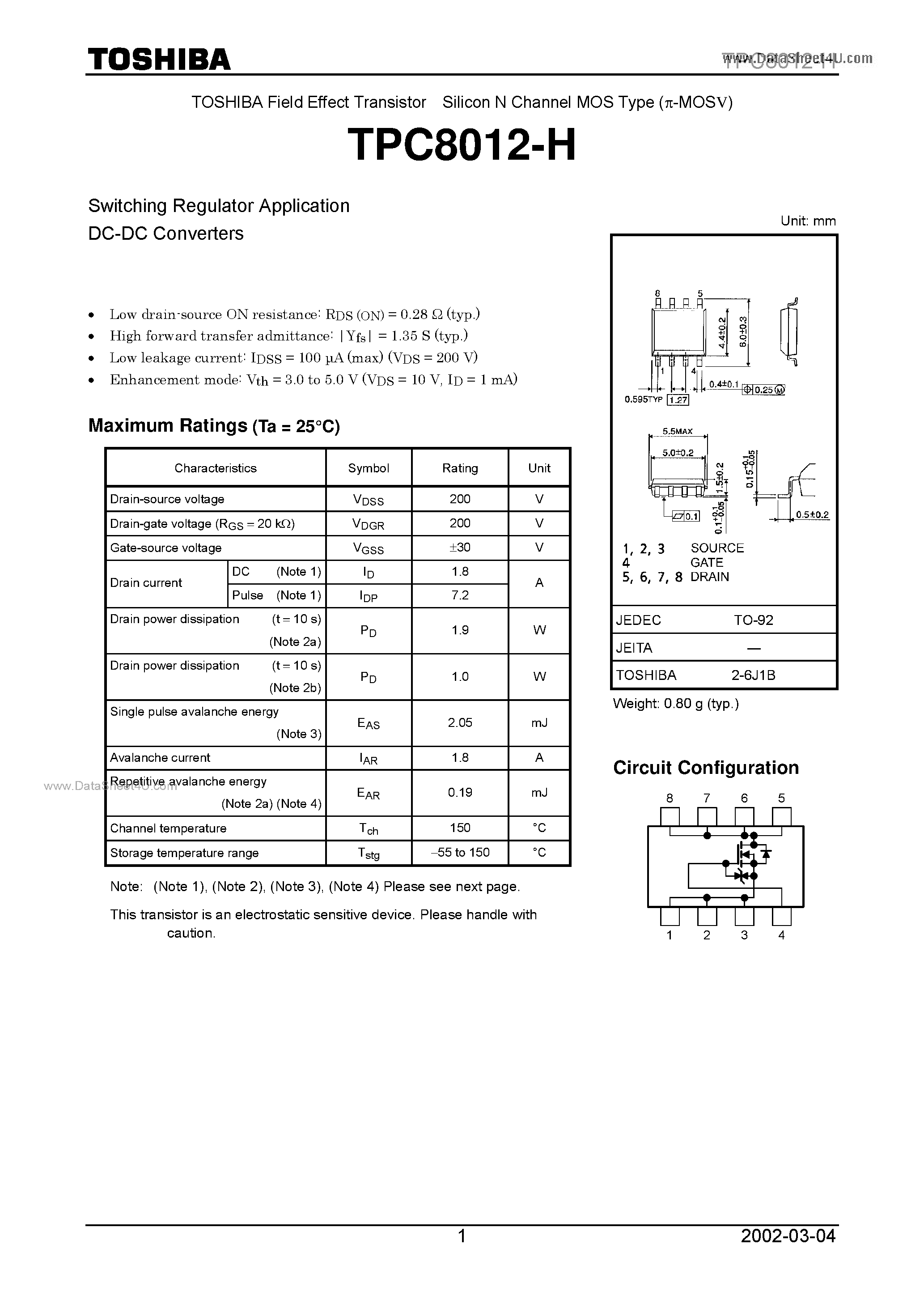 Даташит TPC8012-H - Field Effect Transistor страница 1