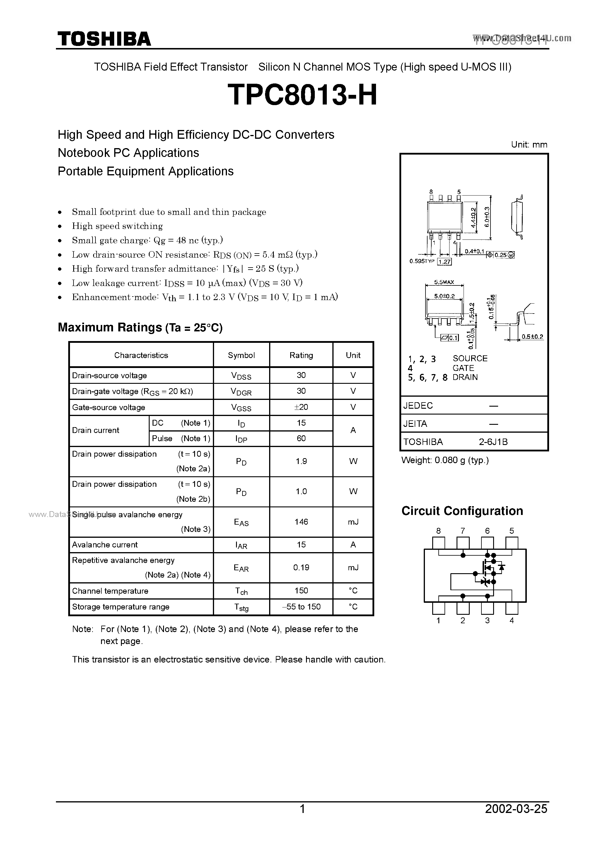 Даташит TPC8013-H - Field Effect Transistor страница 1