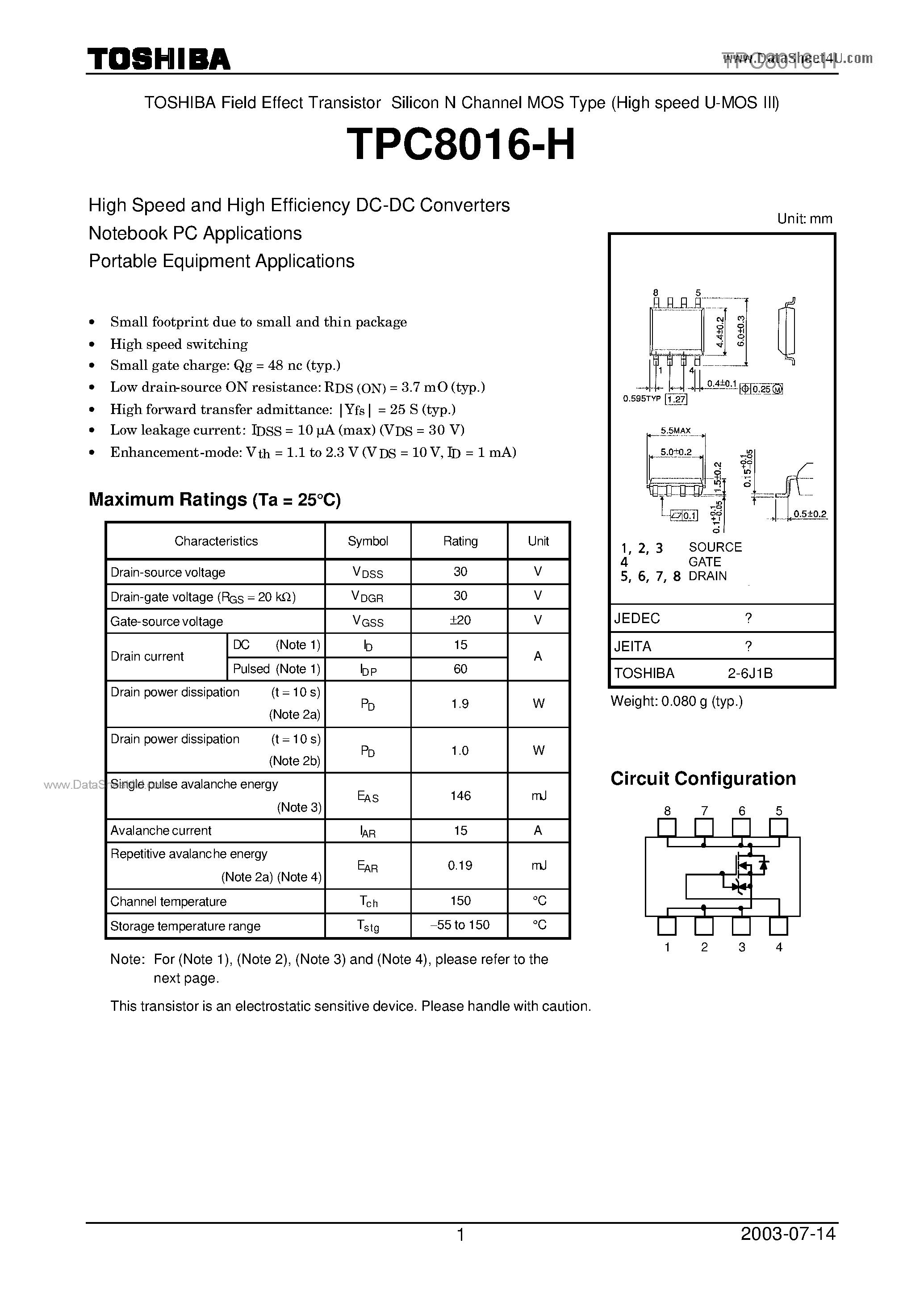 Даташит TPC8016-H - Field Effect Transistor страница 1