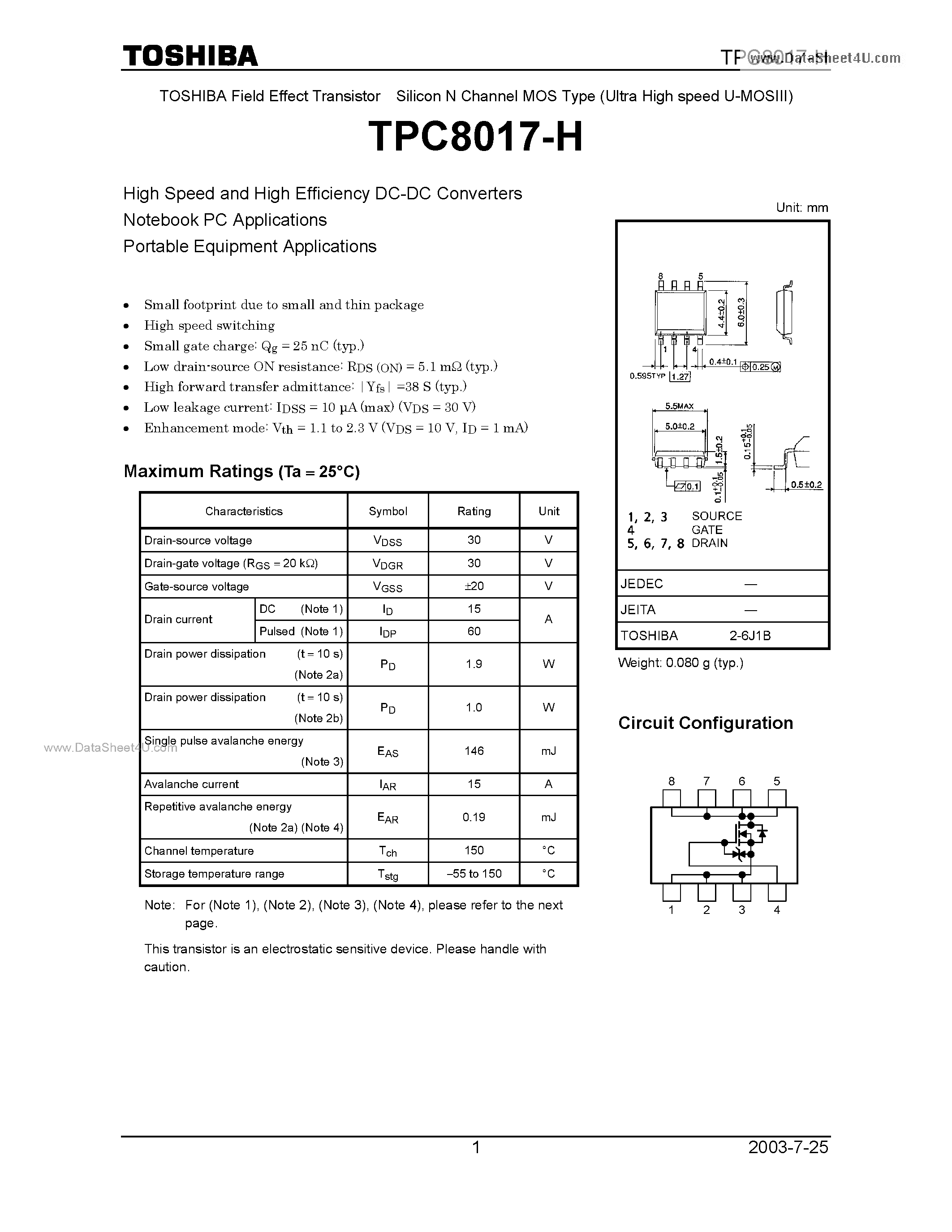 Даташит TPC8017-H - Field Effect Transistor страница 1