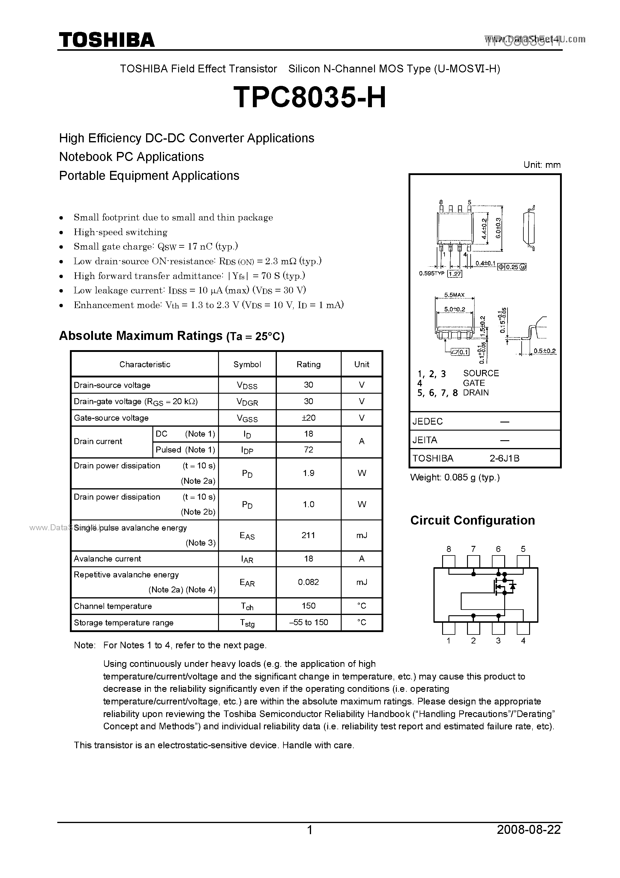 Даташит TPC8035-H - Field Effect Transistor страница 1