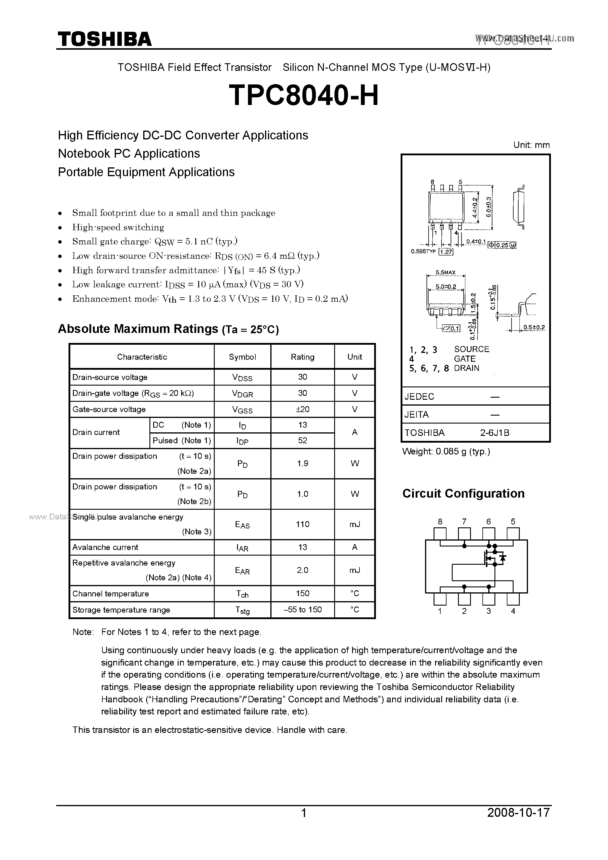 Даташит TPC8040-H - Field Effect Transistor страница 1