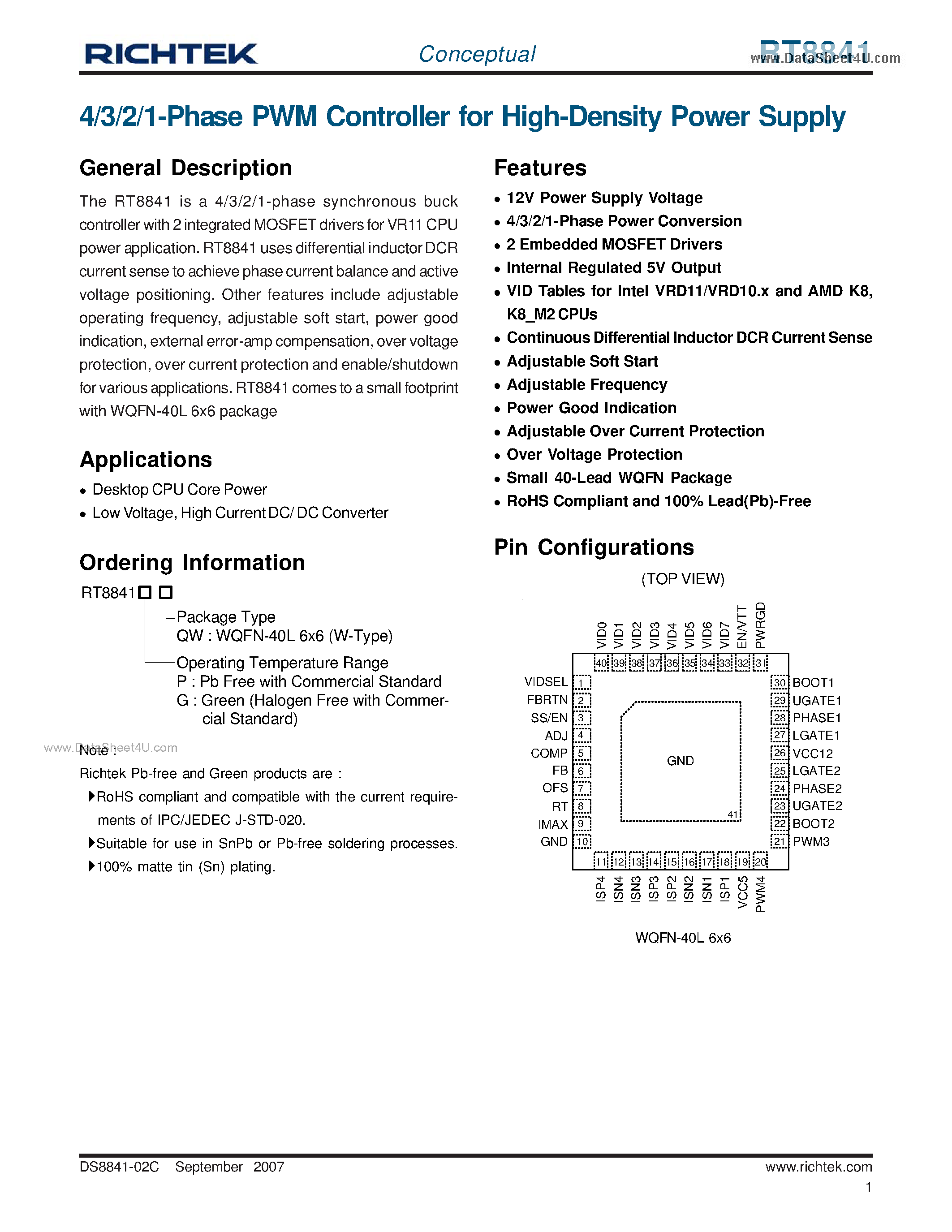 Даташит RT8841 - 4/3/2/1-Phase PWM Controller страница 1