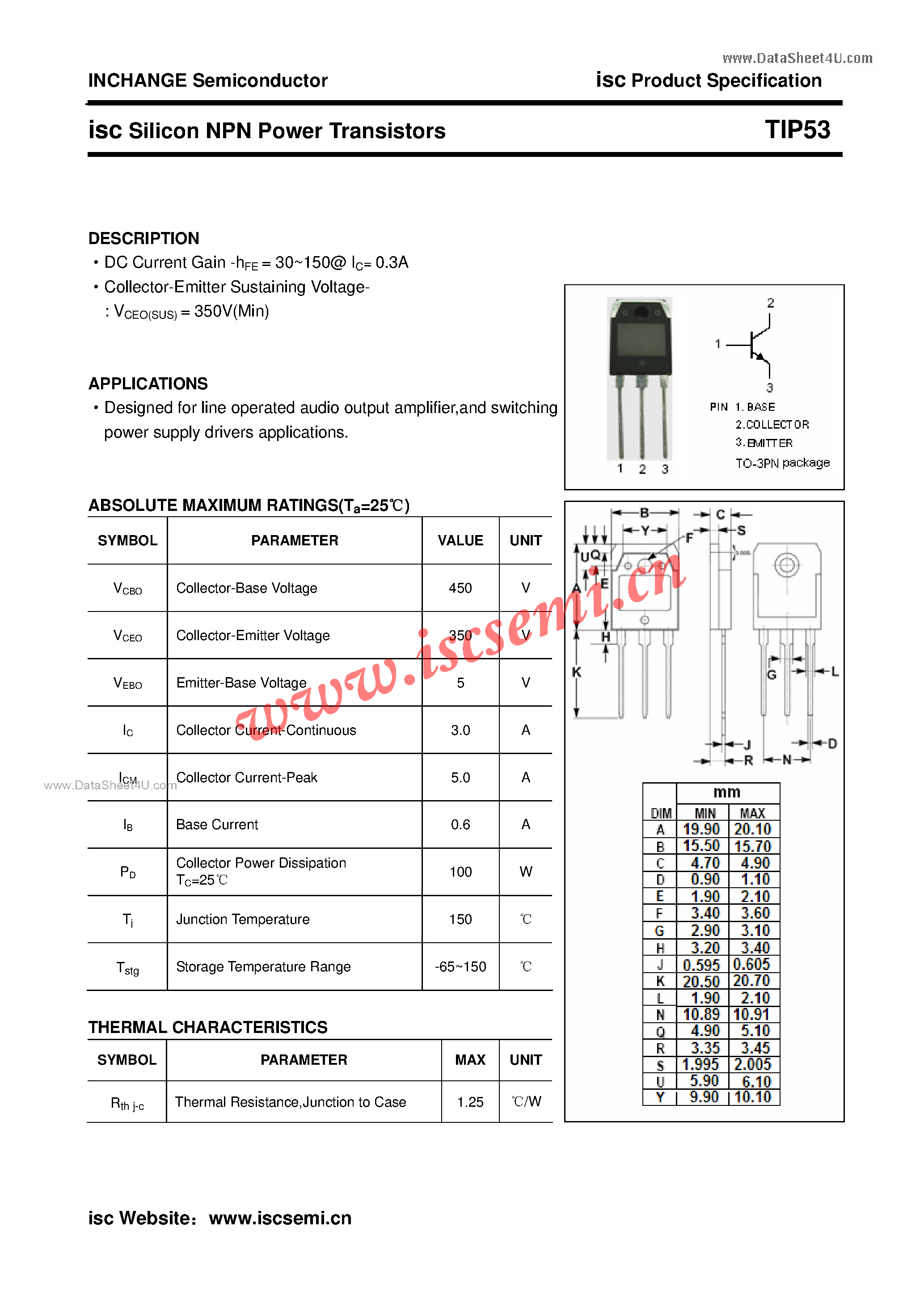 Даташит TIP53 - Silicon NPN Power Transistors страница 1