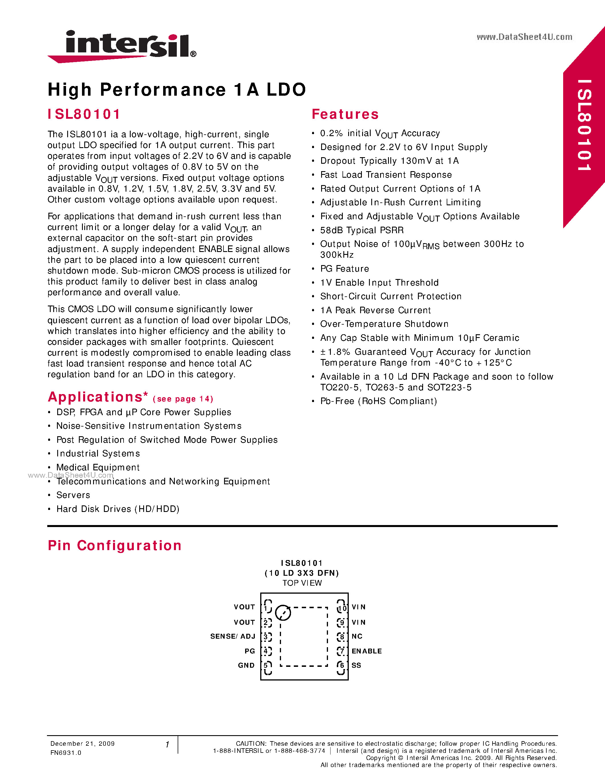 Datasheet ISL80101 - High Performance 1A LDO page 1