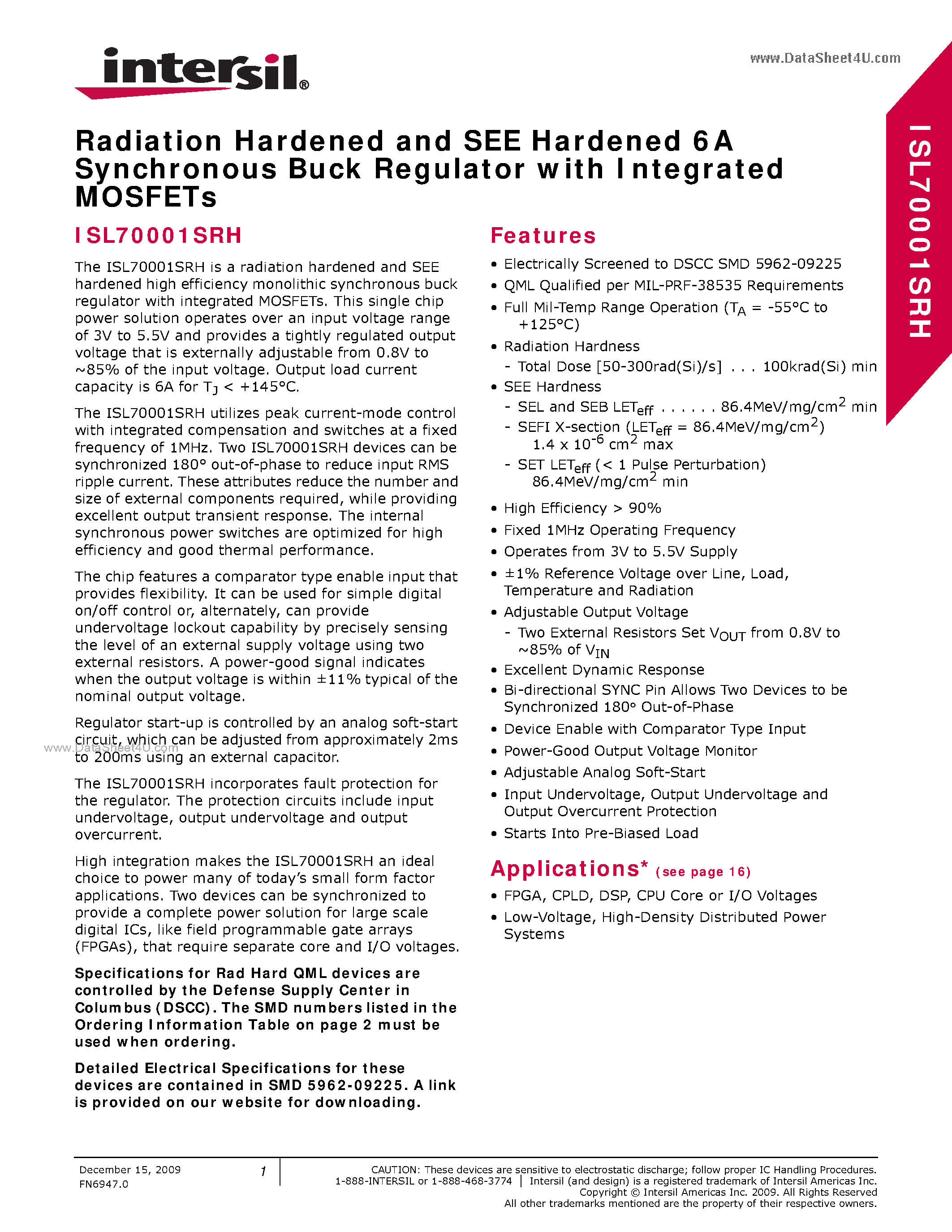 Datasheet ISL70001SRH - Radiation Hardened and SEE Hardened 6A Synchronous Buck Regulator page 1