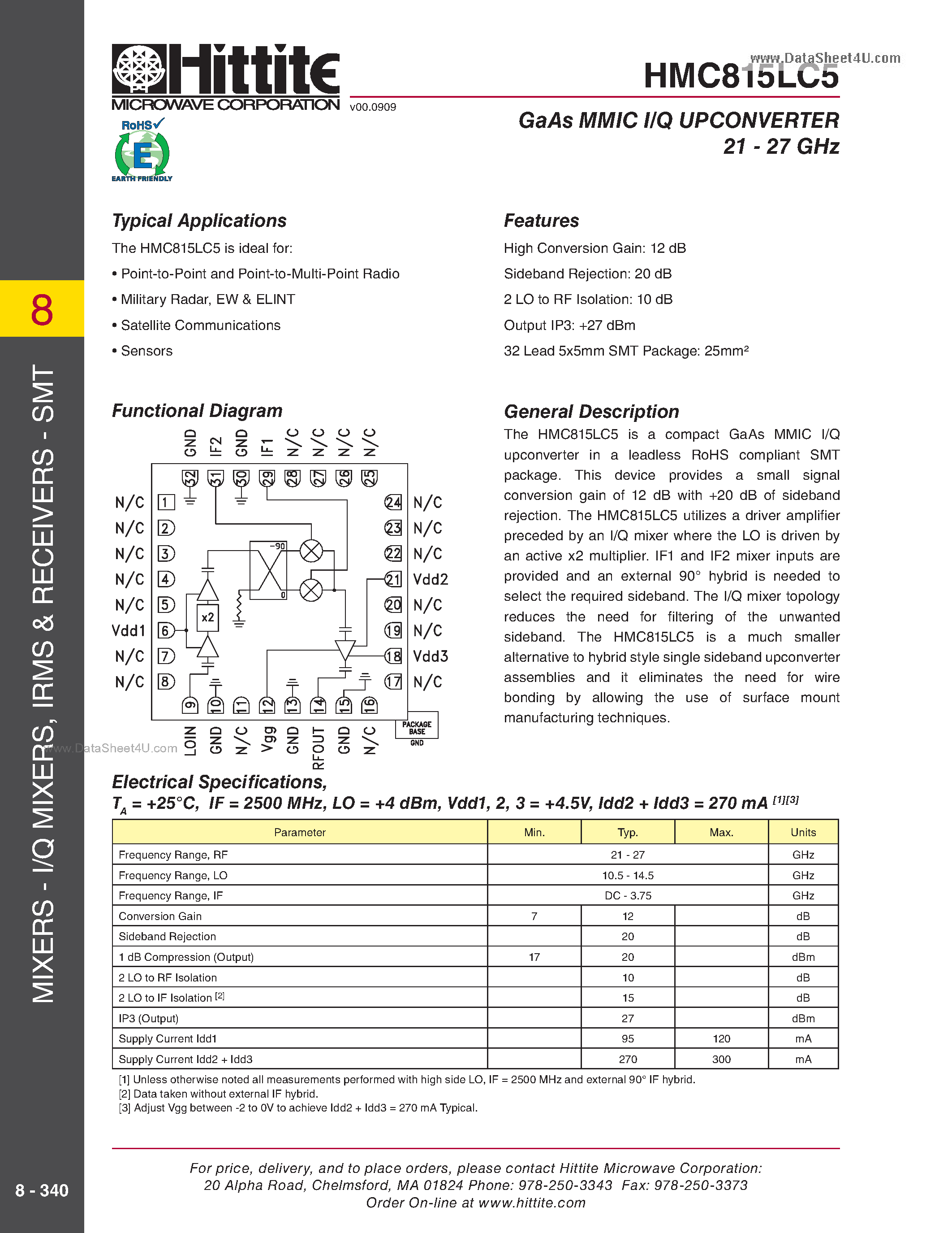 Datasheet HMC815LC5 - GaAs MMIC I/Q UPCONVERTER 21 - 27 GHz page 1