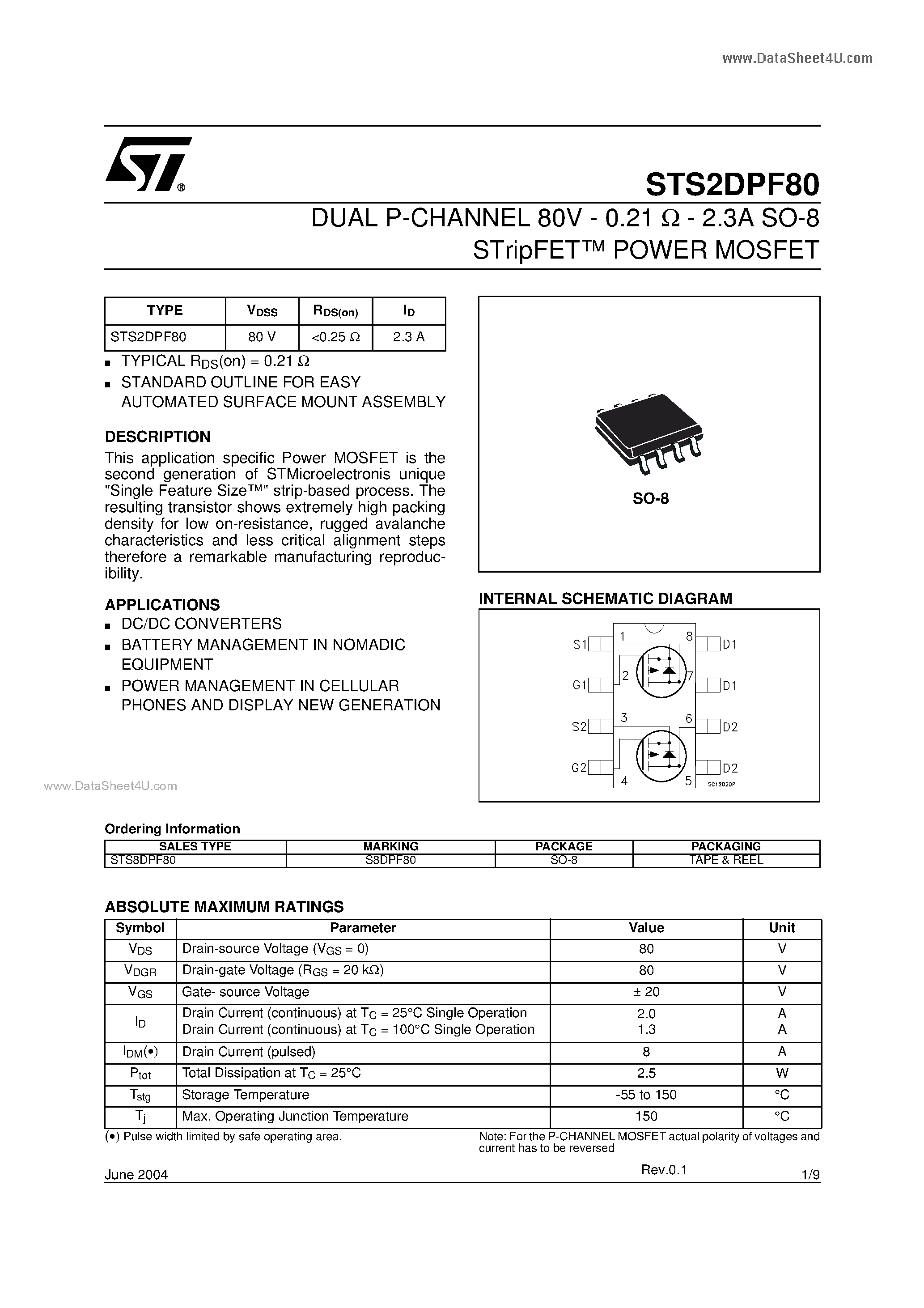 Даташит STS2DPF80 - DUAL P-CHANNEL MOSFET страница 1