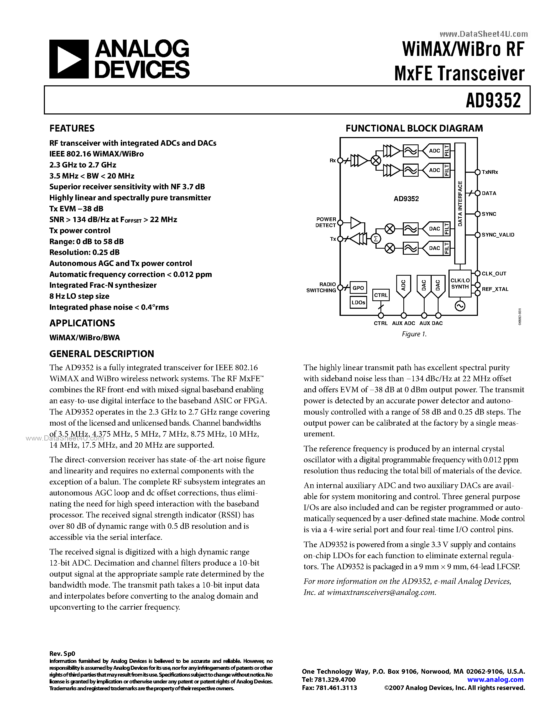 Datasheet AD9352 - WiMAX/WiBro RF MxFE Transceiver page 1