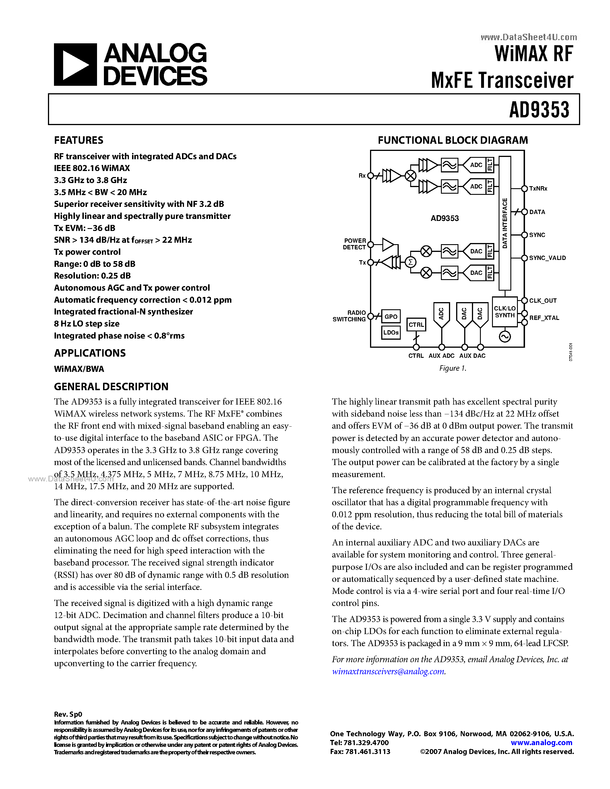 Datasheet AD9353 - WiMAX RF MxFE Transceiver page 1