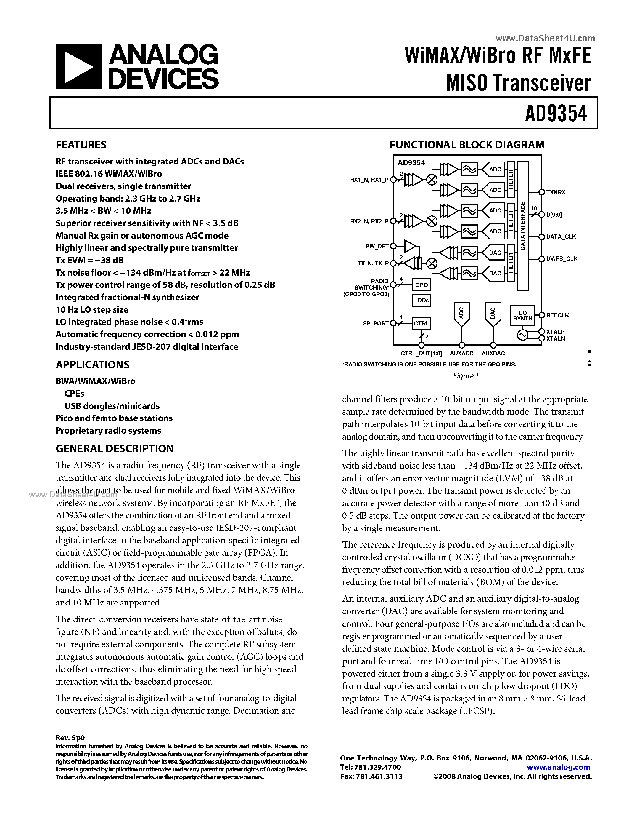 Datasheet AD9354 - WiMAX/WiBro RF MxFE MISO Transceiver page 1