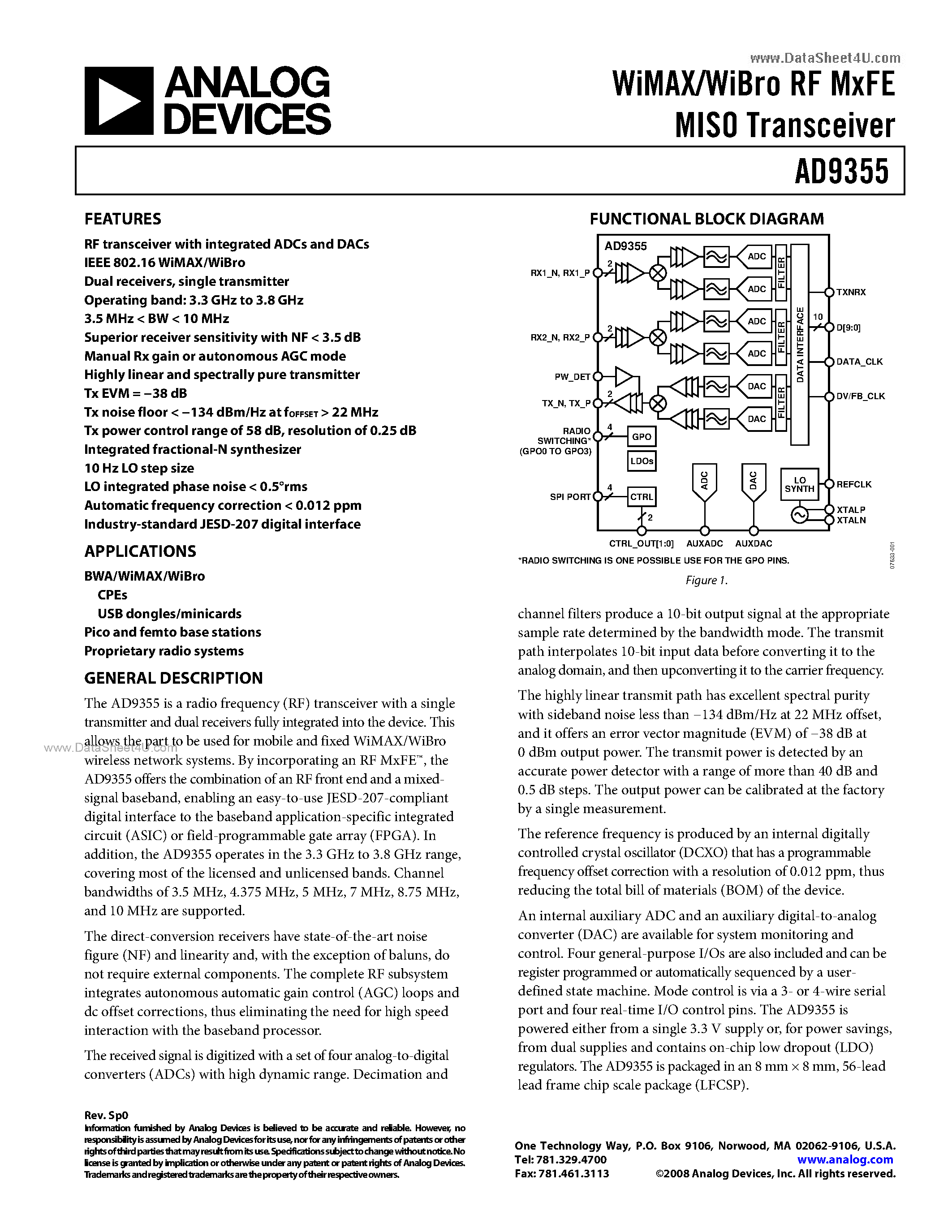 Datasheet AD9355 - WiMAX/WiBro RF MxFE MISO Transceiver page 1