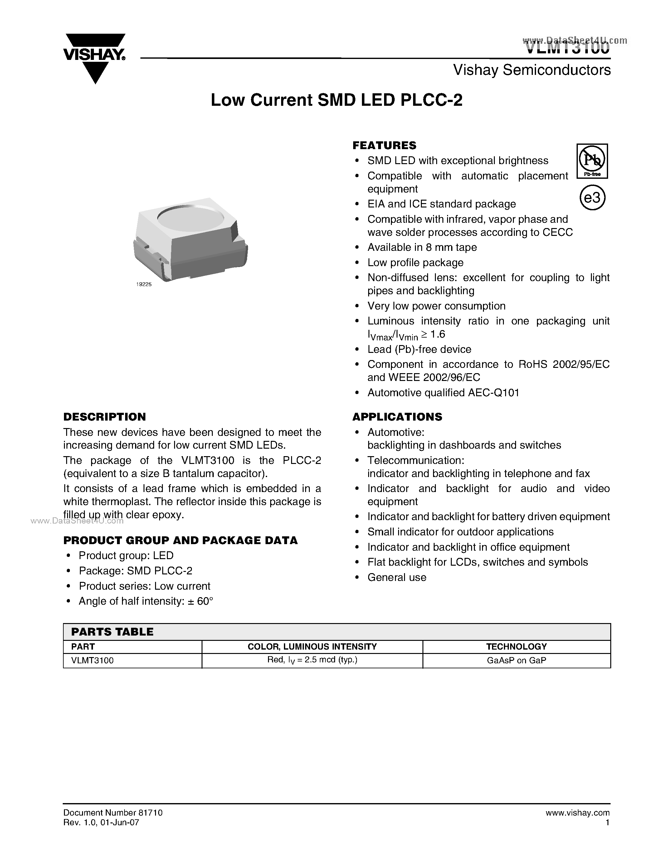 Даташит VLMT3100 - Low Current SMD LED PLCC-2 страница 1