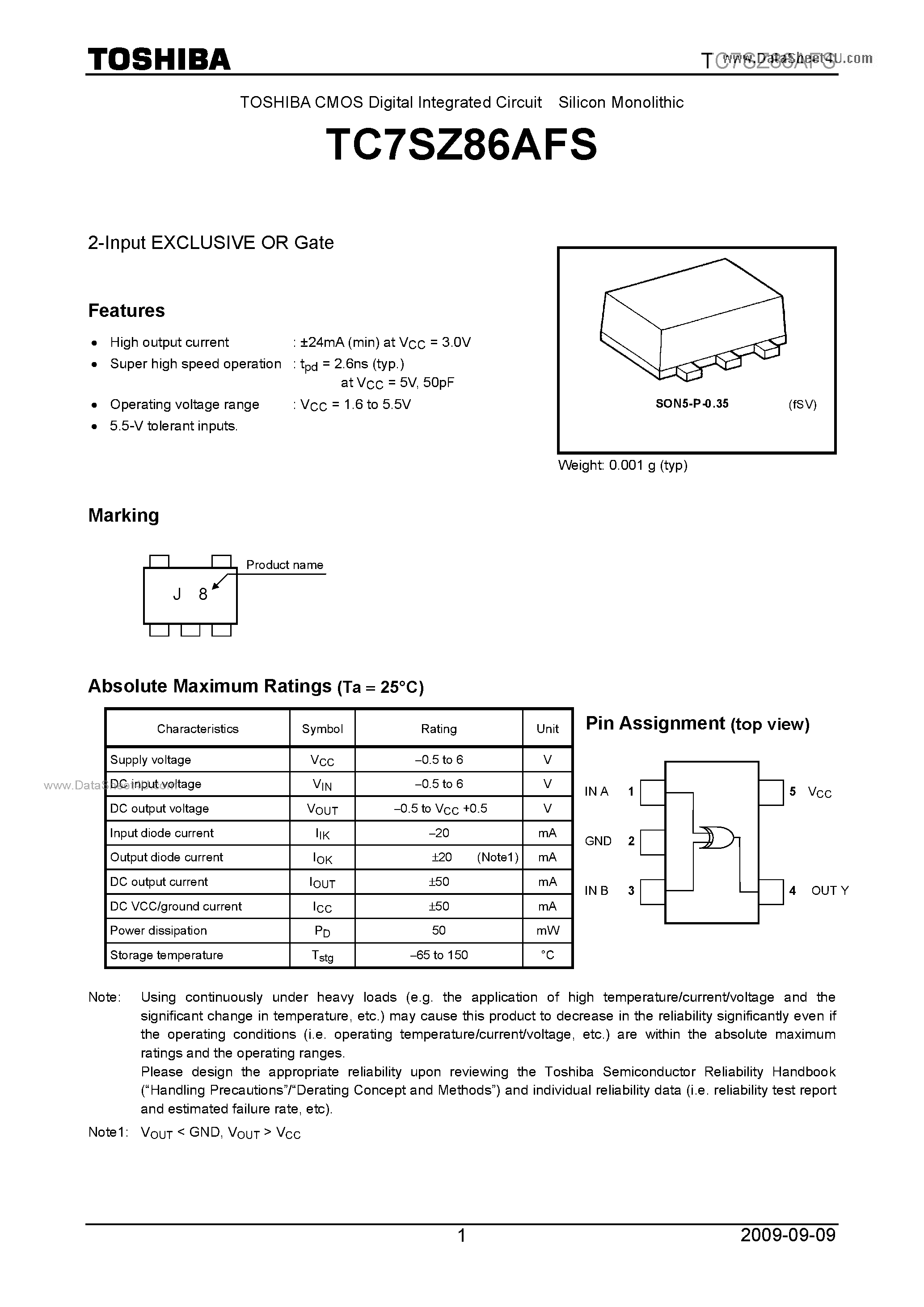 Даташит TC7SZ86AFS - 2-Input EXCLUSIVE OR Gate страница 1