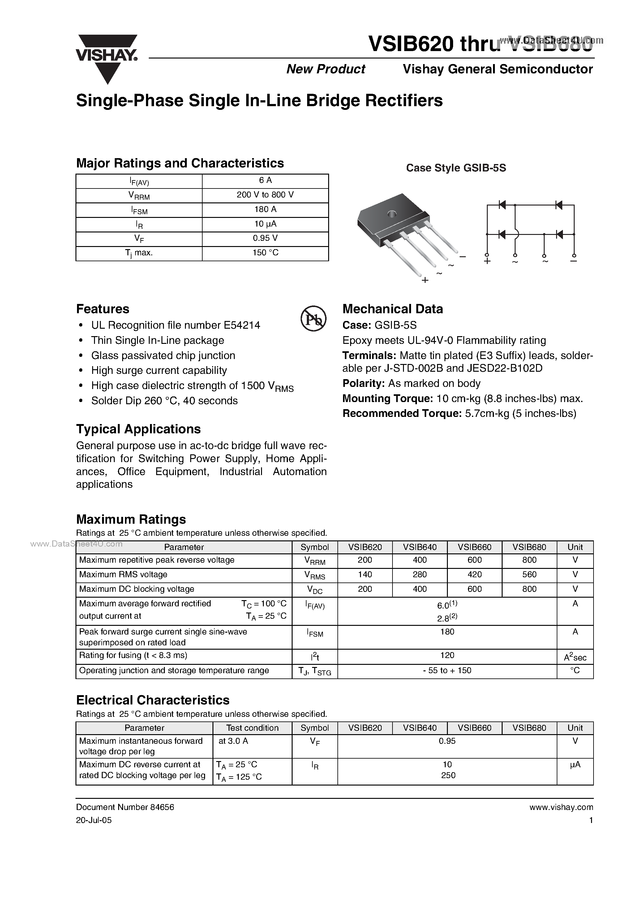 Datasheet VSIB620 - (VSIB620 - VSIB680) Single-Phase Single In-Line Bridge Rectifiers page 1