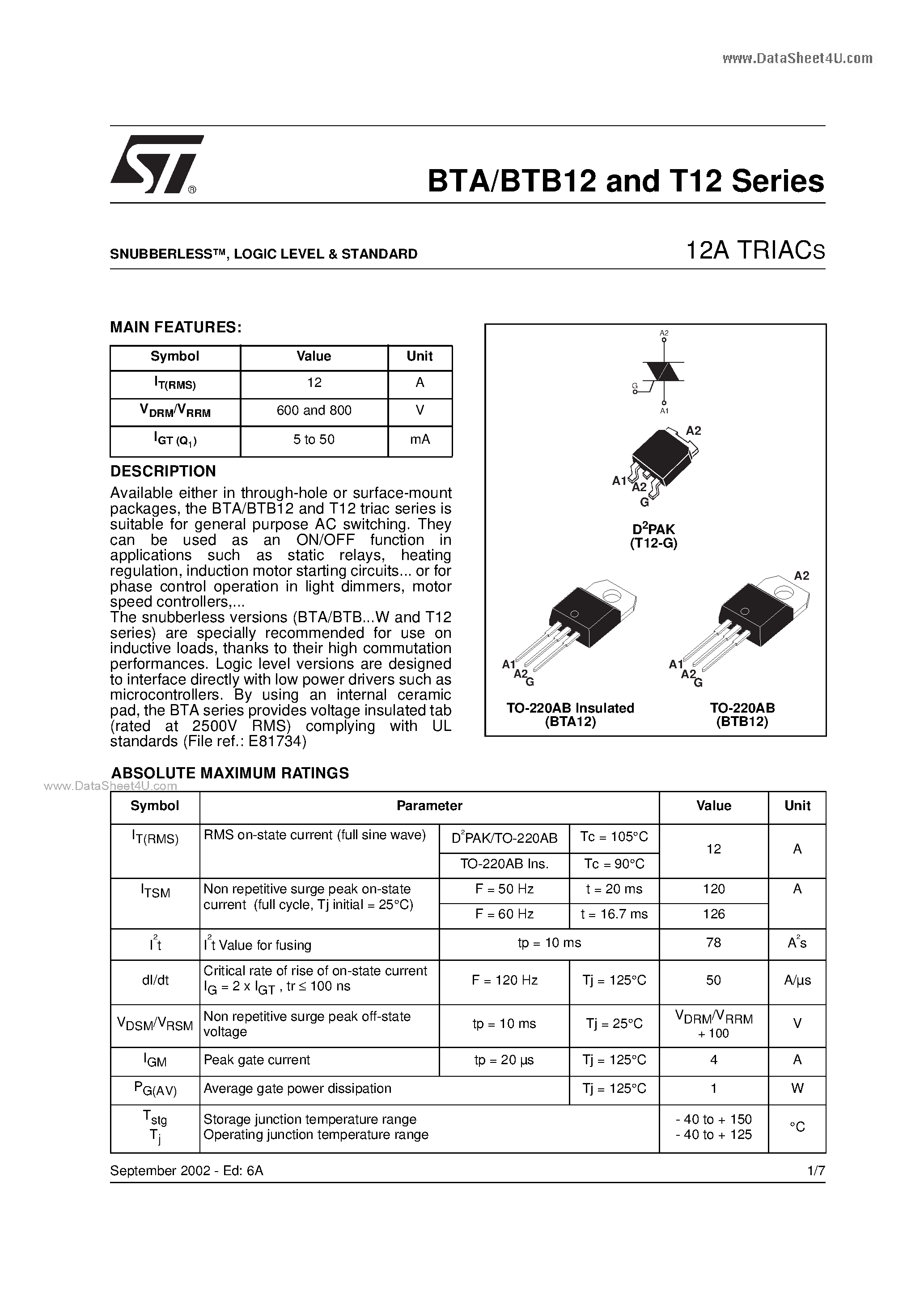 Datasheet BTA12-600B - 12A TRIACS page 1