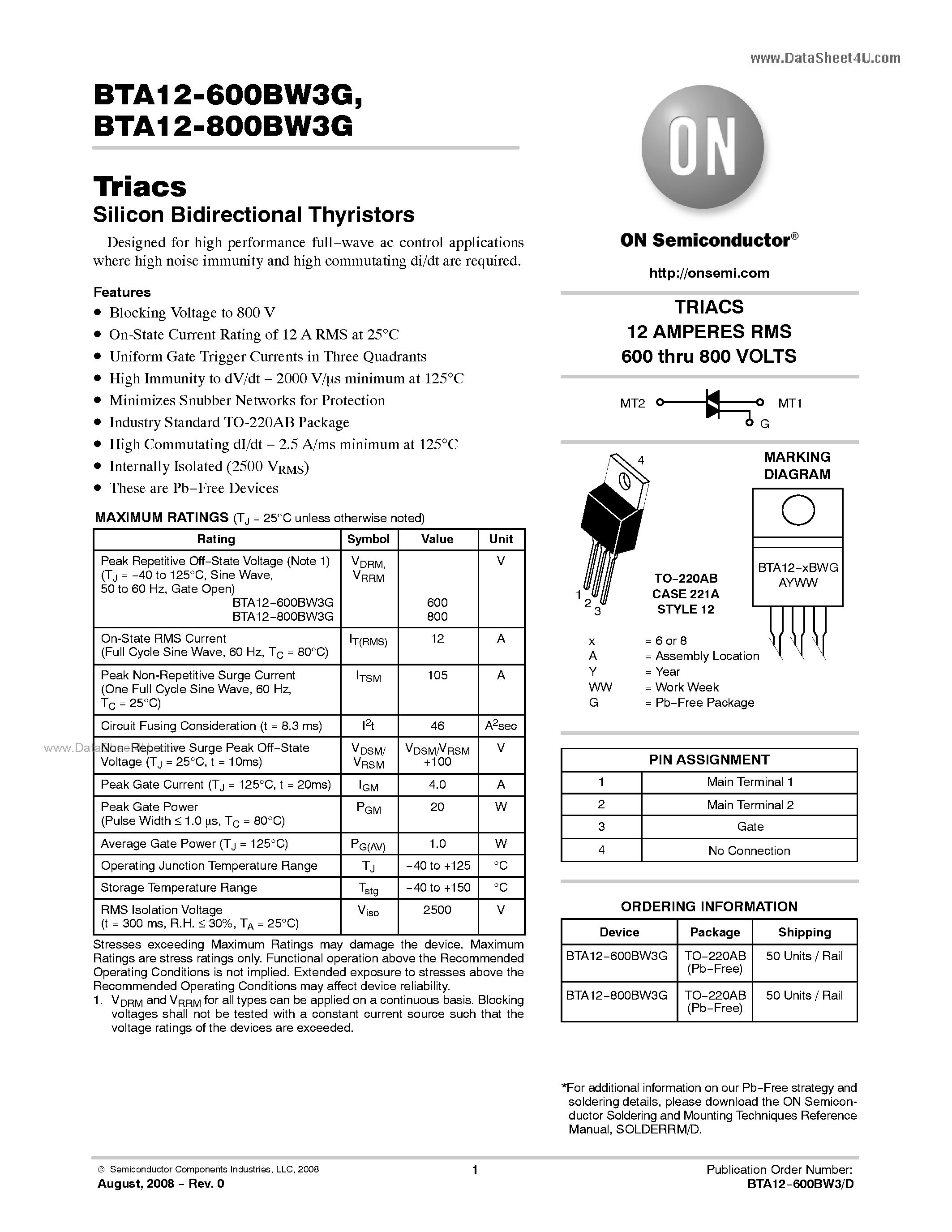 Datasheet BTA12-600BW3G - Triacs Silicon Bidirectional Thyristors page 1