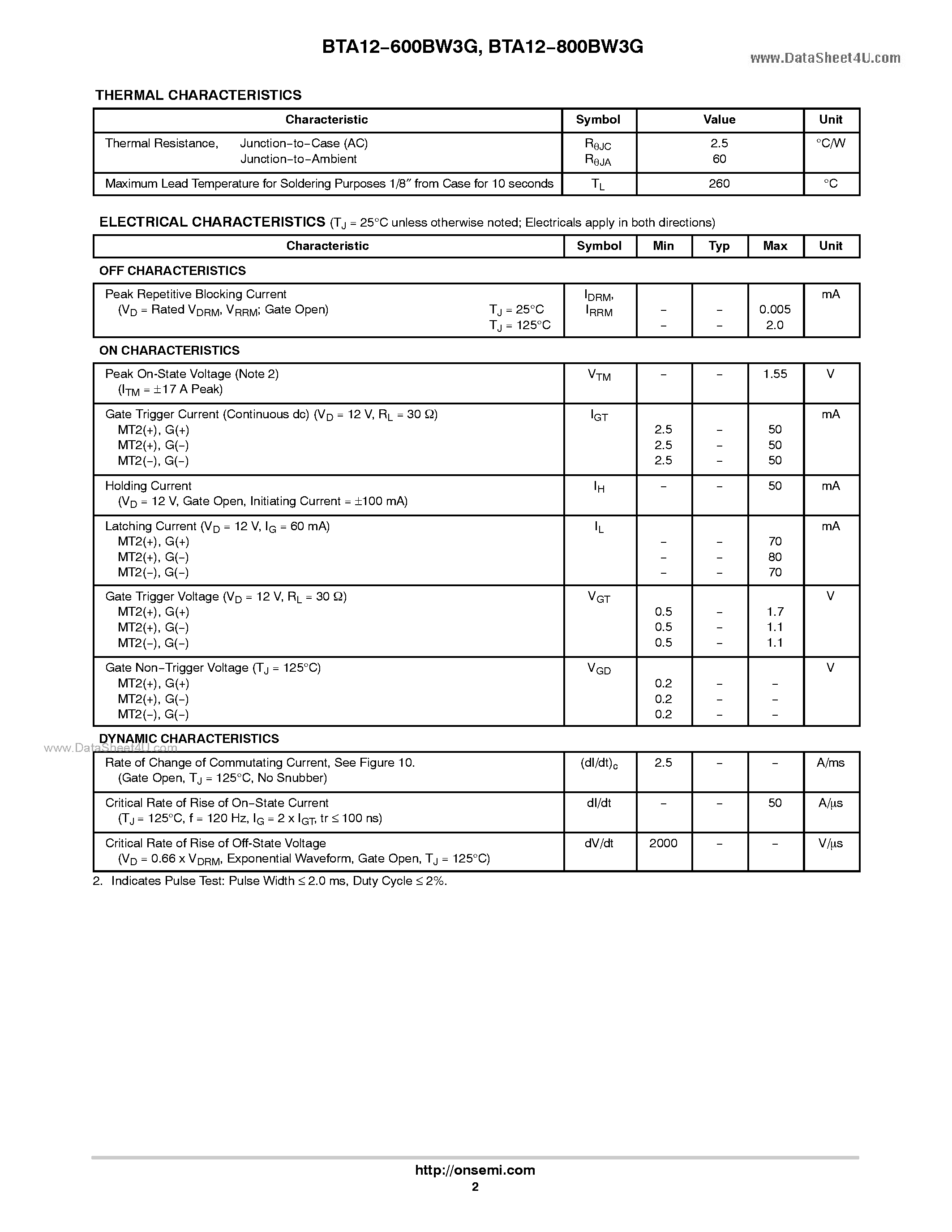 Datasheet BTA12-600BW3G - Triacs Silicon Bidirectional Thyristors page 2