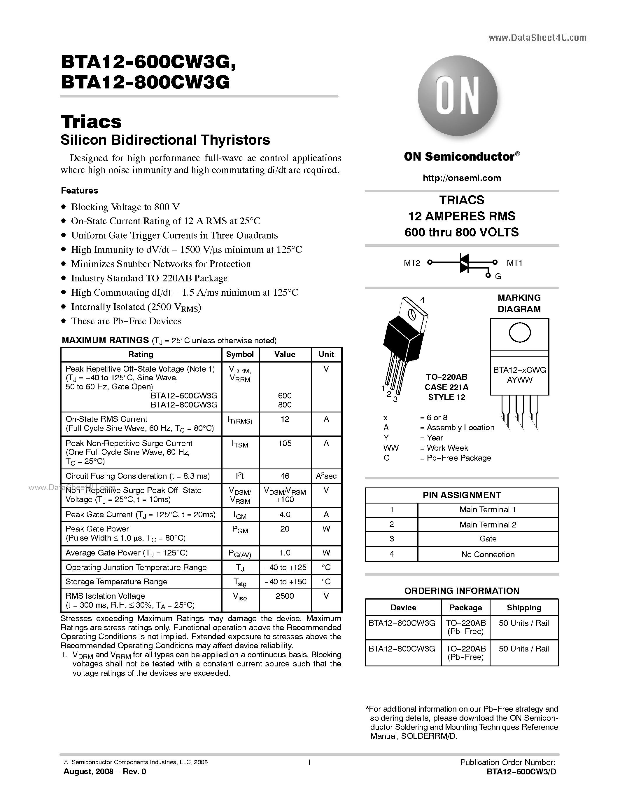 Datasheet BTA12-600CW3G - Triacs Silicon Bidirectional Thyristors page 1