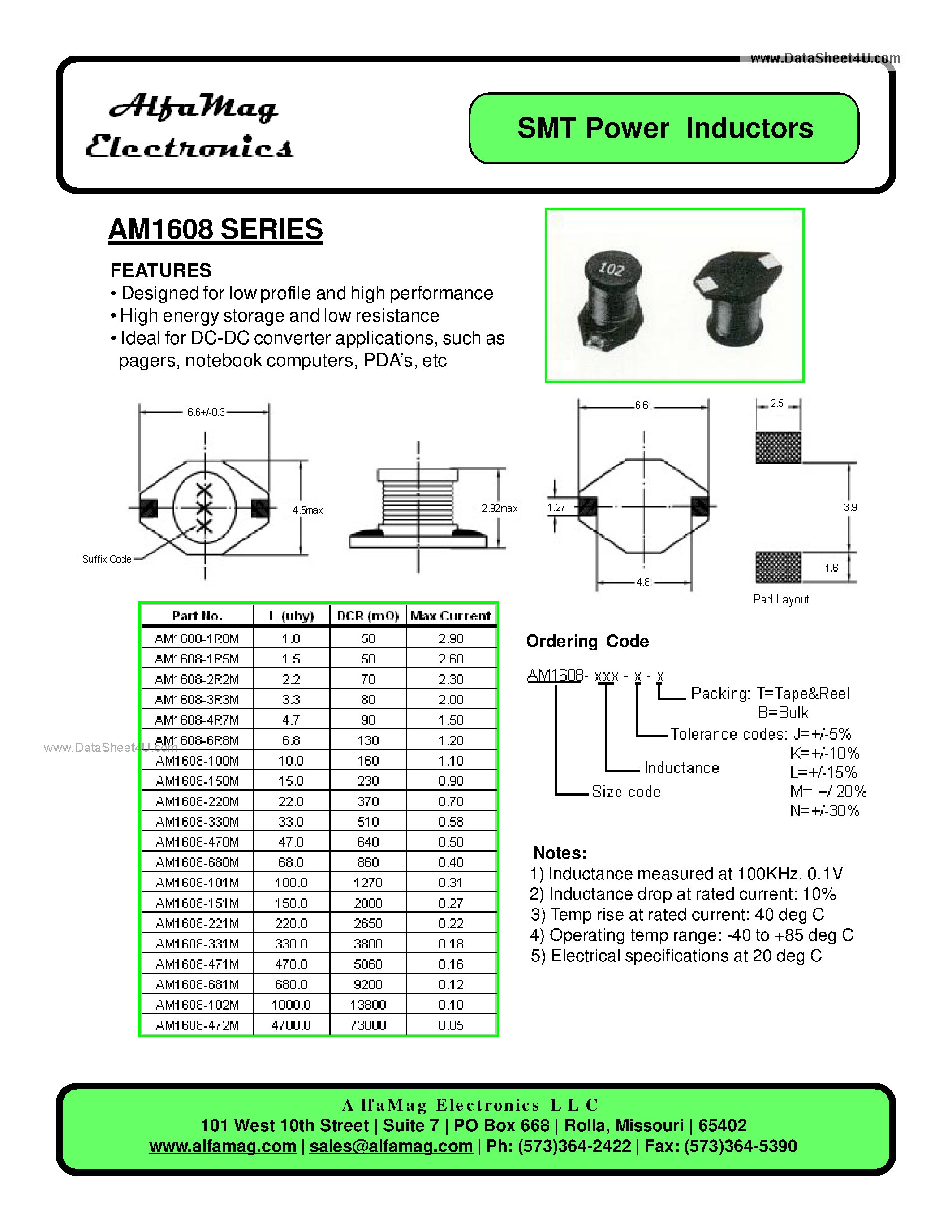 Даташит AM1608 - SMT Power Inductors страница 1