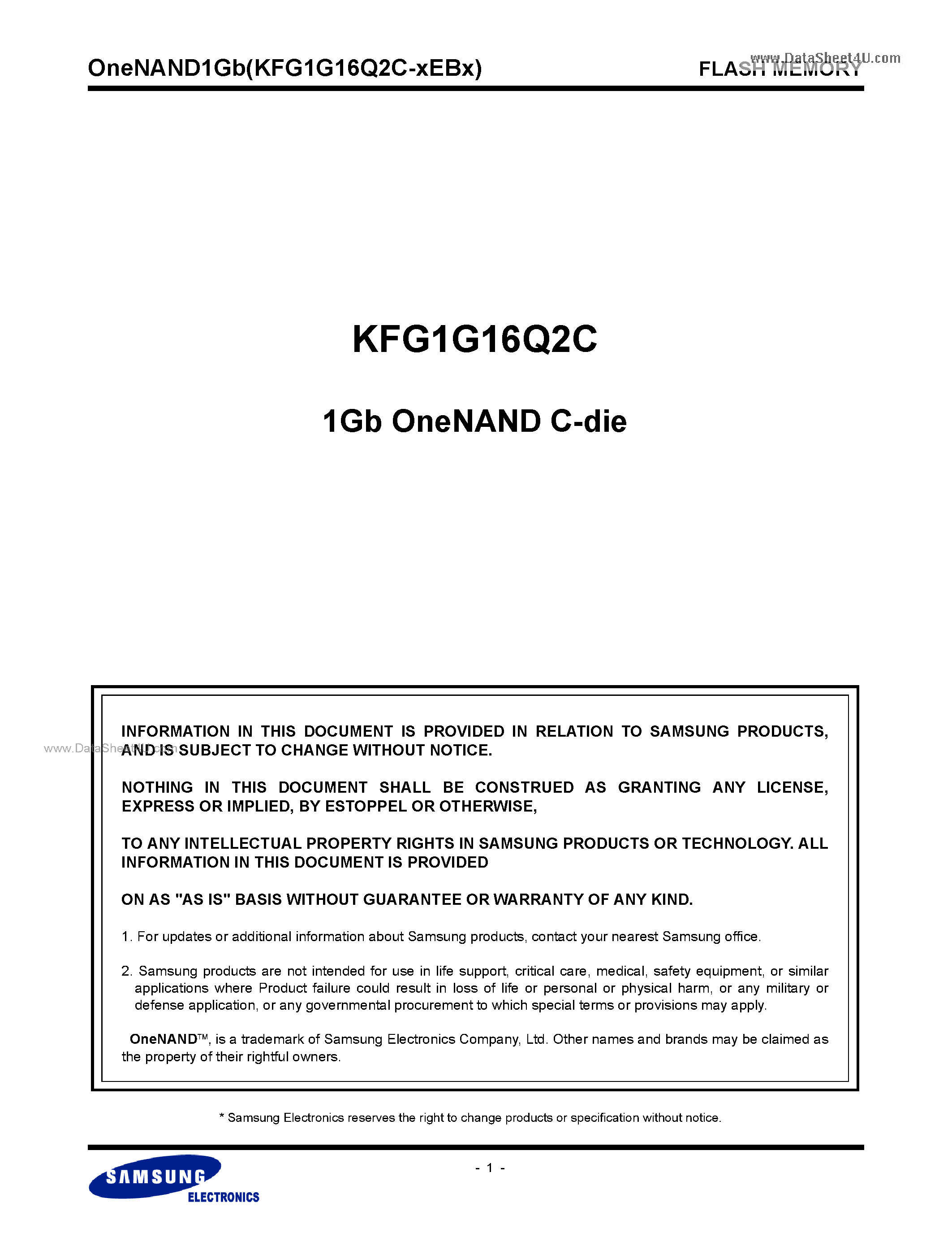 Datasheet KFG1G16Q2C - 1Gb OneNAND C-die page 1