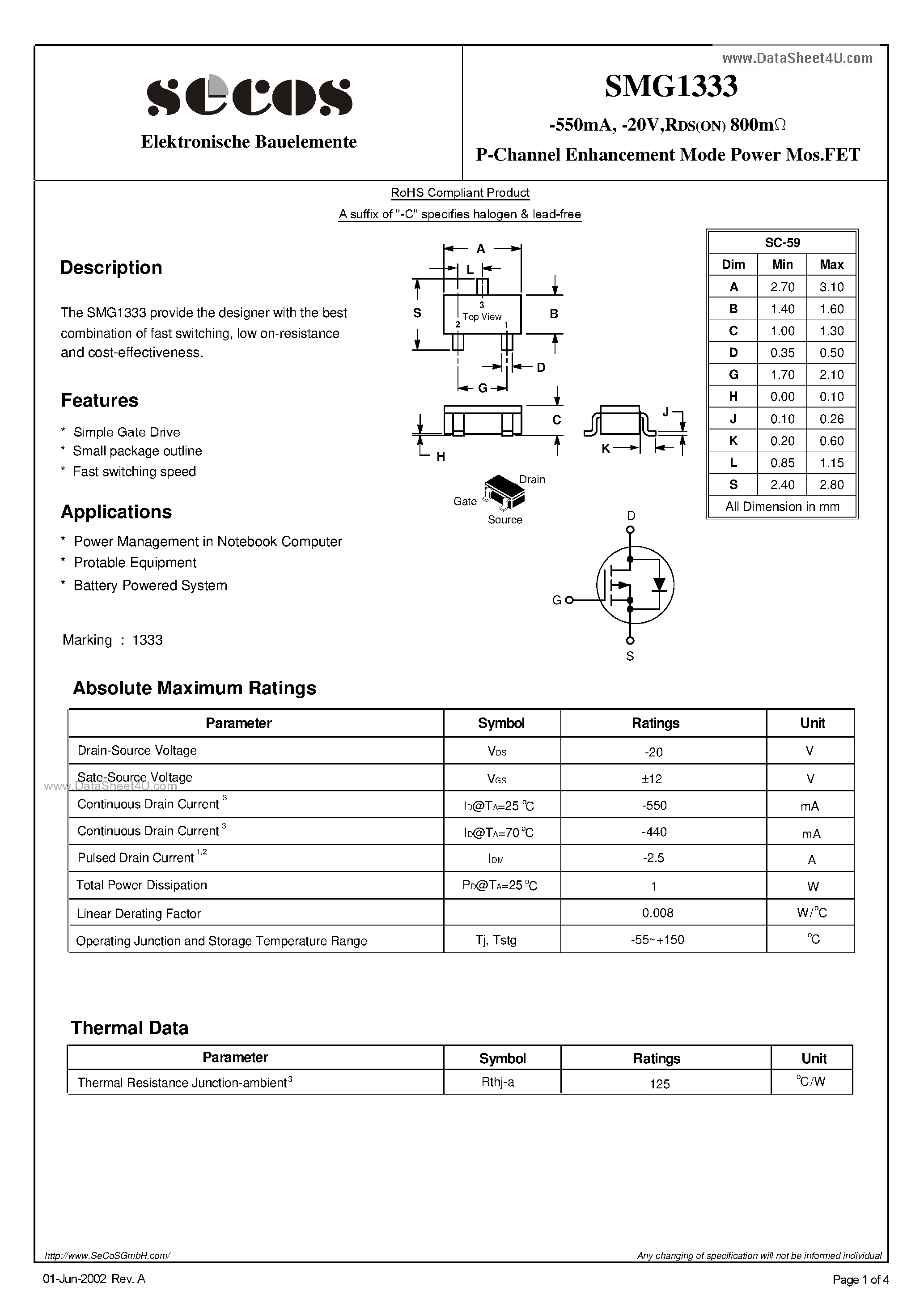 Даташит SMG1333 - P-Channel Enhancement Mode Power MosFET страница 1