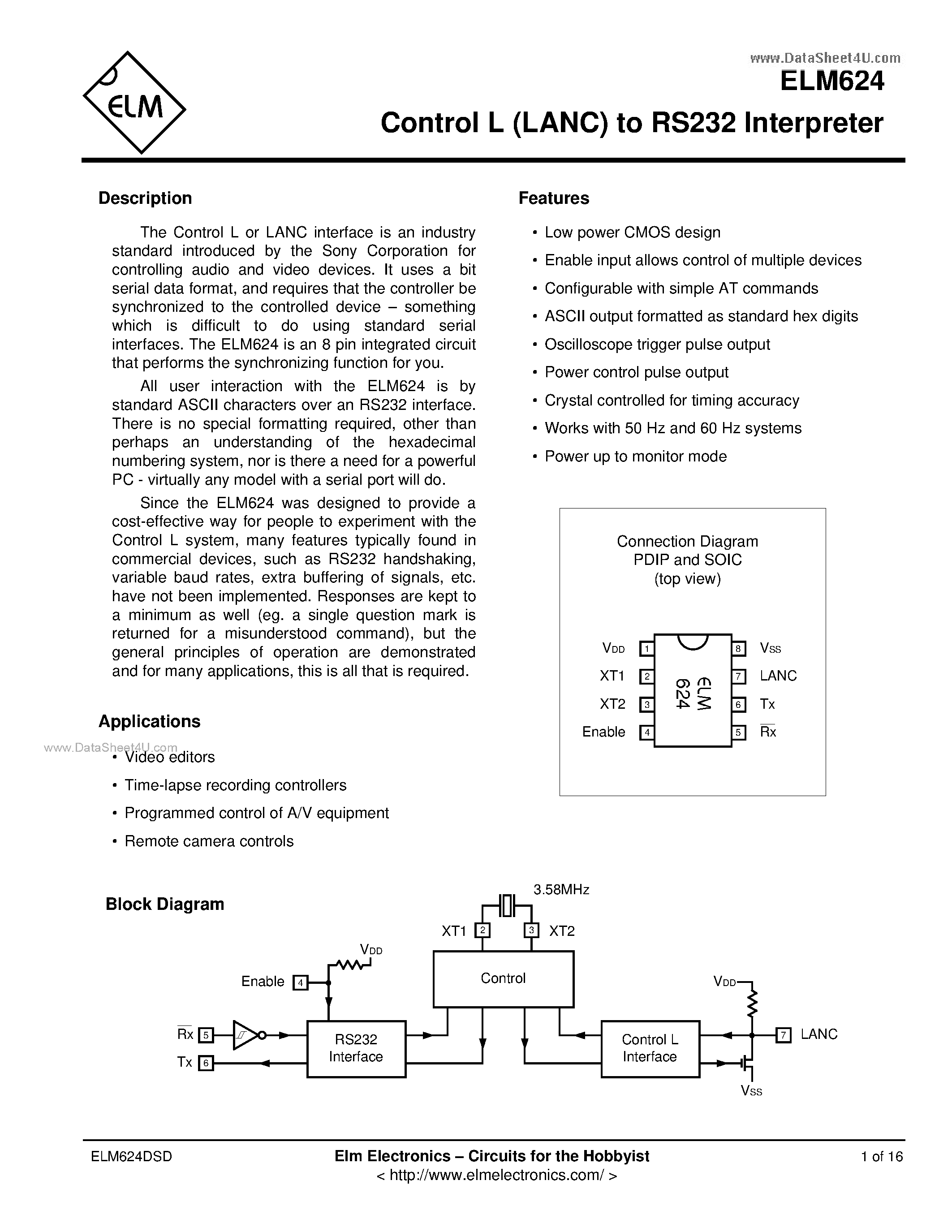 Datasheet ELM624 - Control L (LANC) to RS232 Interpreter page 1