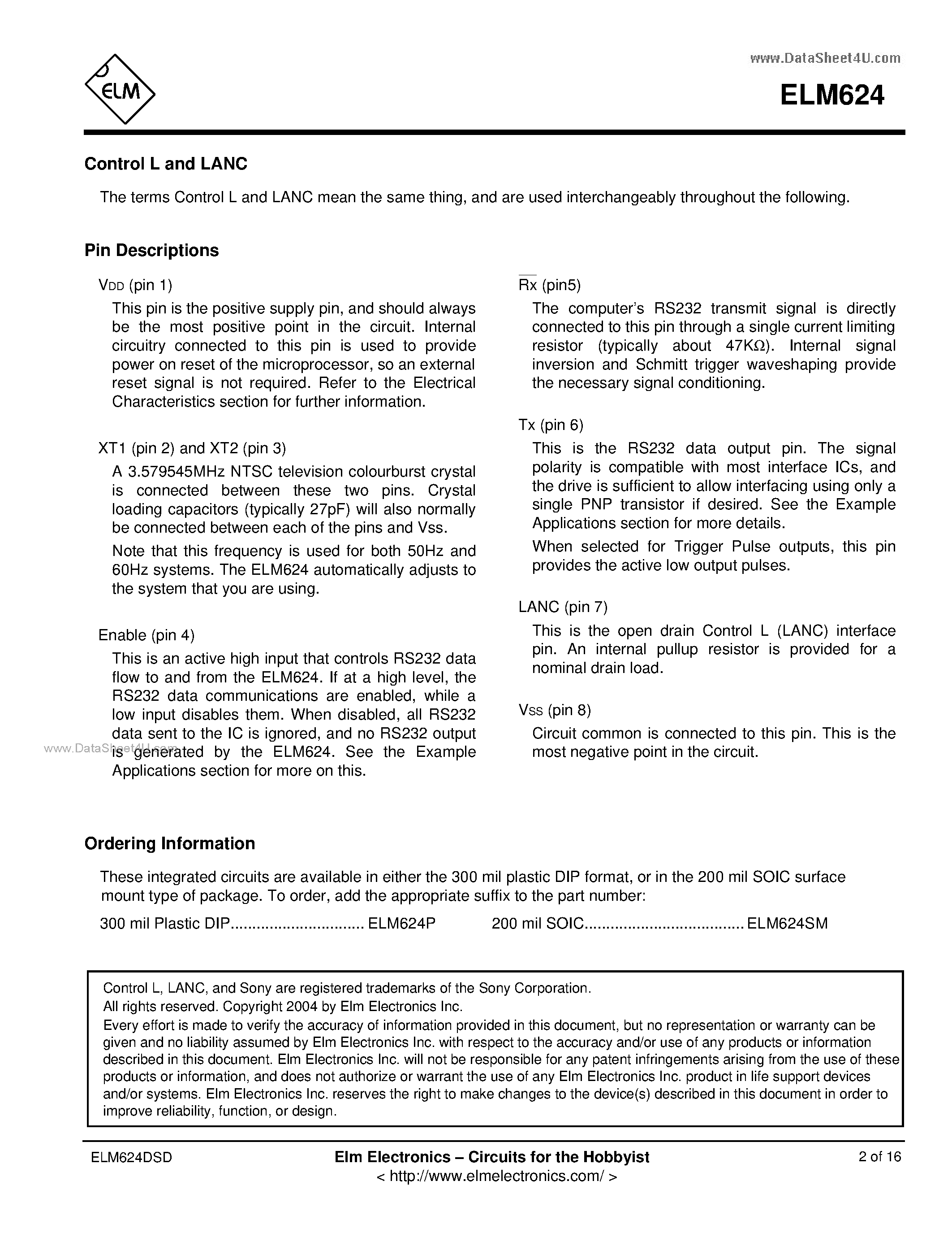 Datasheet ELM624 - Control L (LANC) to RS232 Interpreter page 2