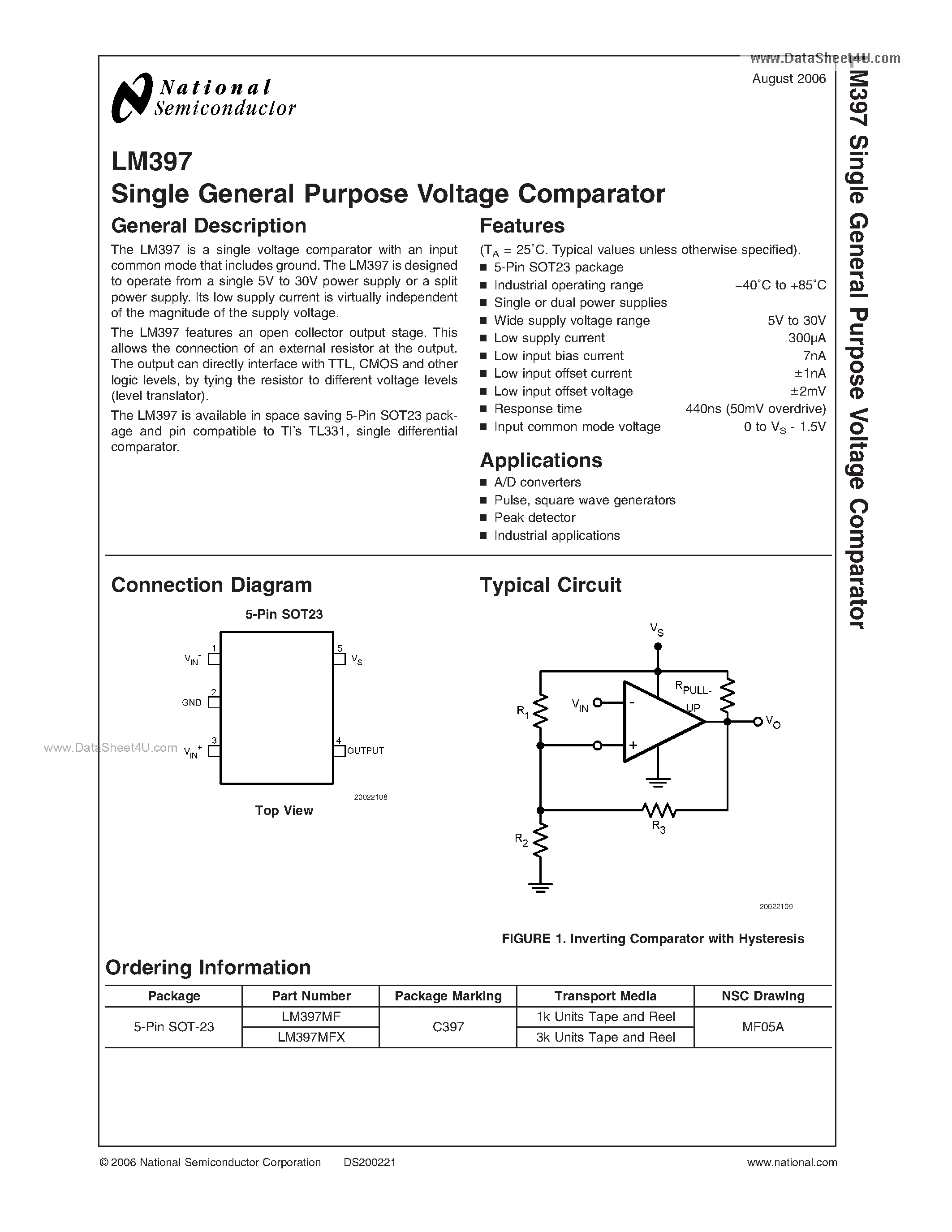 Даташит LM397 - Single General Purpose Voltage Comparator страница 1