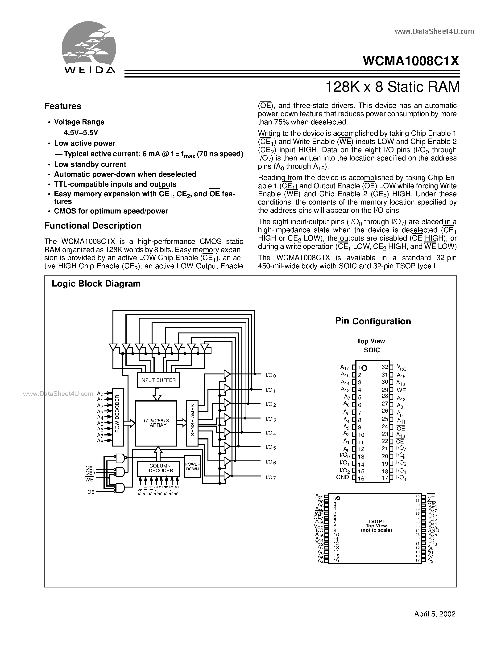 Datasheet WCMA1008C1X - 128K x 8 Static RAM page 1